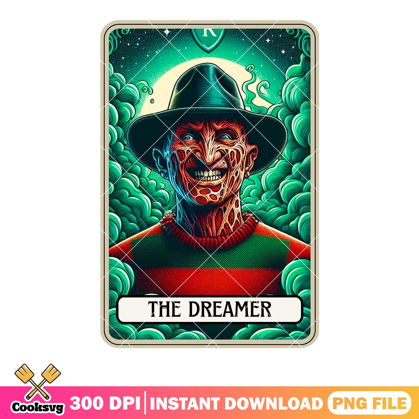 Green magic cloud scary card png, crazy smile png, stary night png