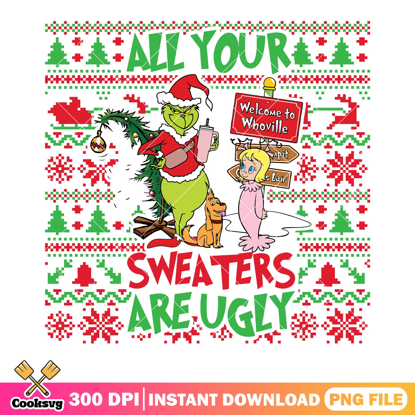 Grinch whoville ugly png, christmas sweater png, cindy lou png