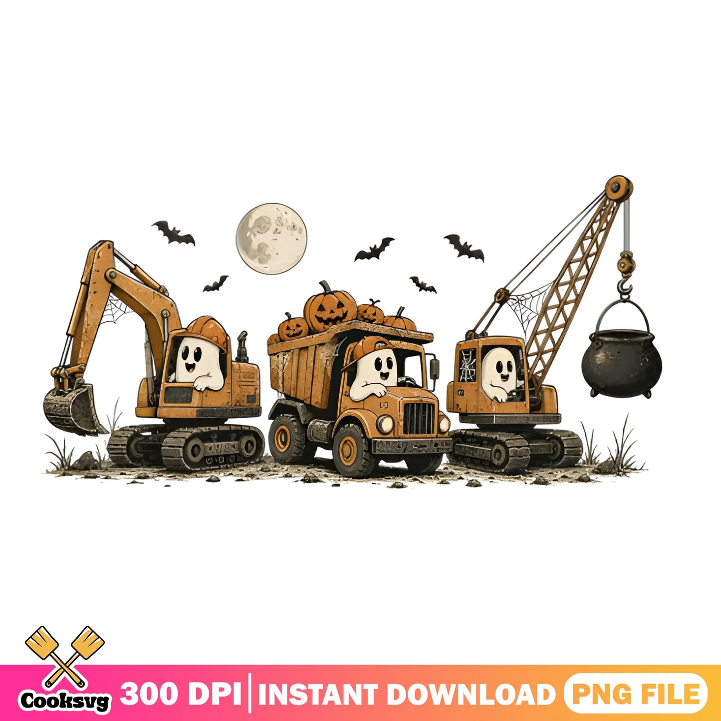 Halloween Ghost Construction Trucks PNG, Spooky Vehicles PNG