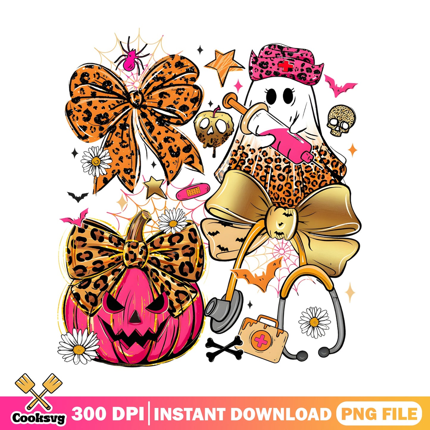 Halloween Nurse Ghost Leopard PNG, Spooky Coquette Bow PNG, Halloween PNG