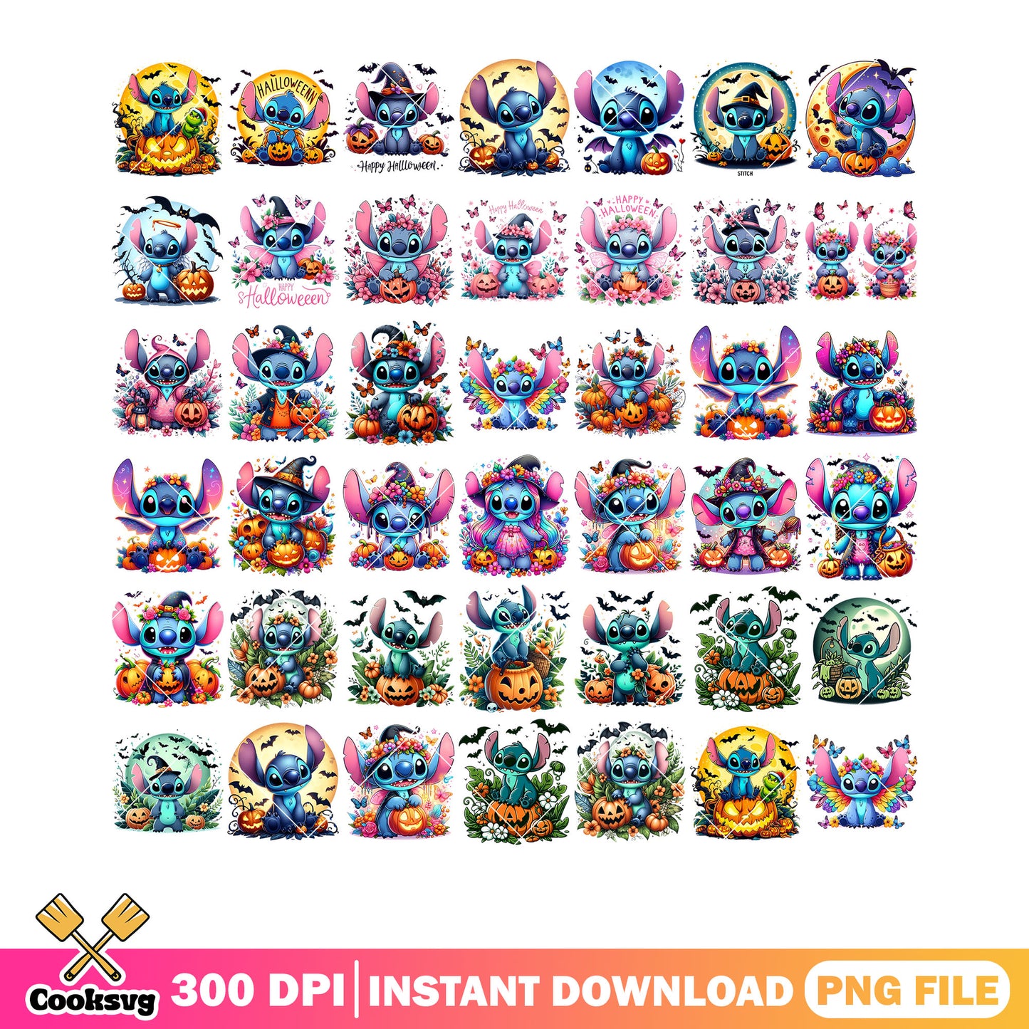 Halloween stitch party png bundle, scary bats png, wicker pumpkin png
