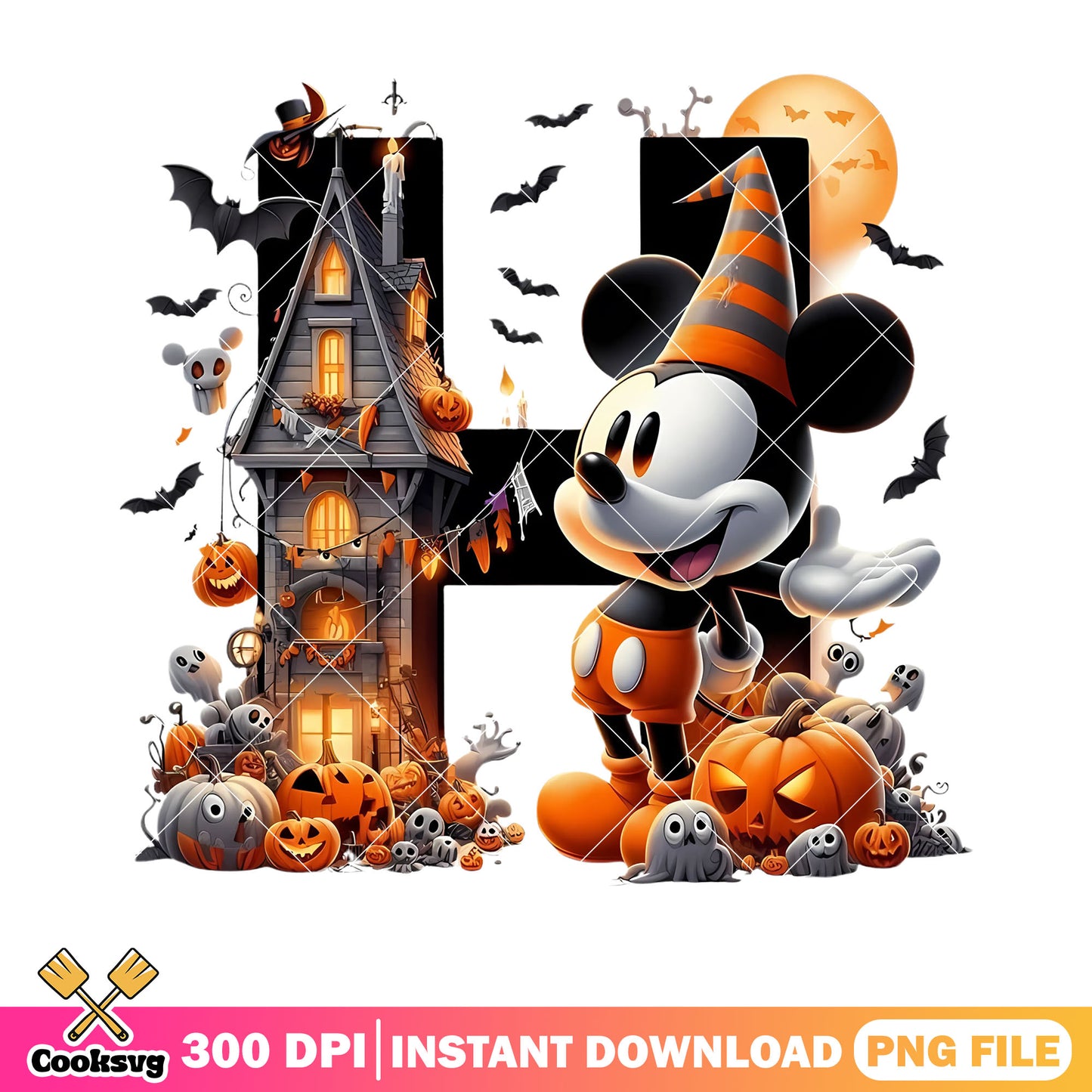 Haunted spooky house png, disney halloween png, full night moon png