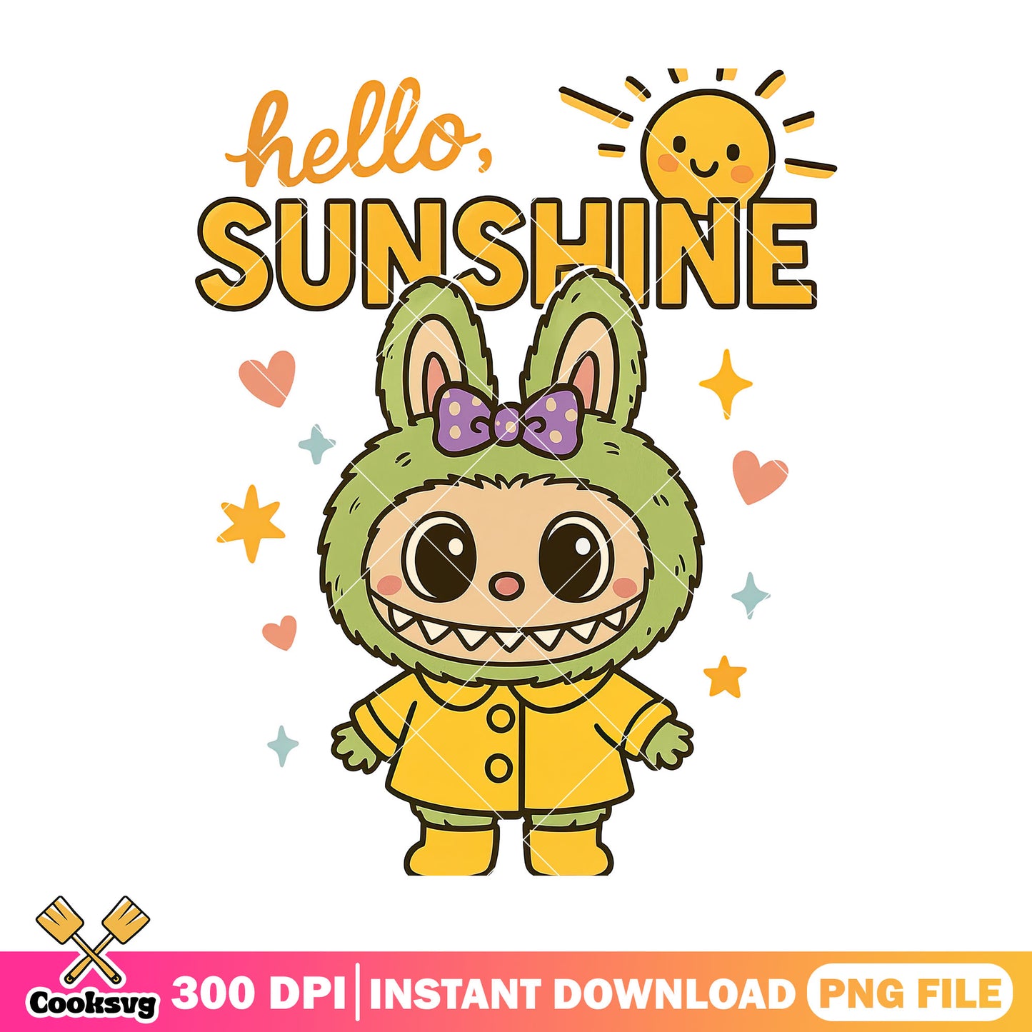 Hello sunshine labubu png, labubu hello kitty png, yellow labubu png