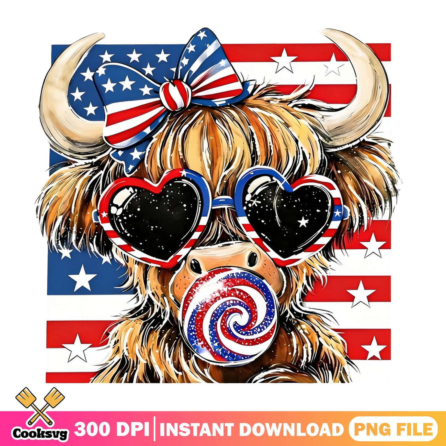 Highland Cow 4th Of July PNG, Patriotic Cow PNG, American Flag PNG