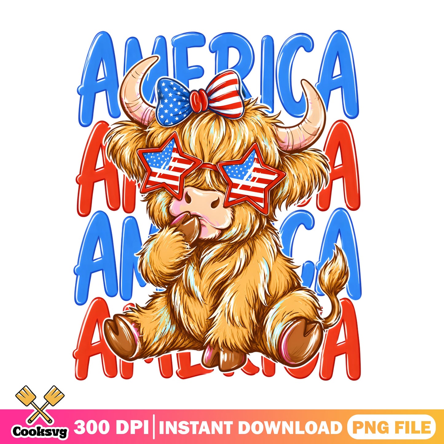 Highland Cow America PNG, 4th Of July PNG, Patriotic Cow PNG