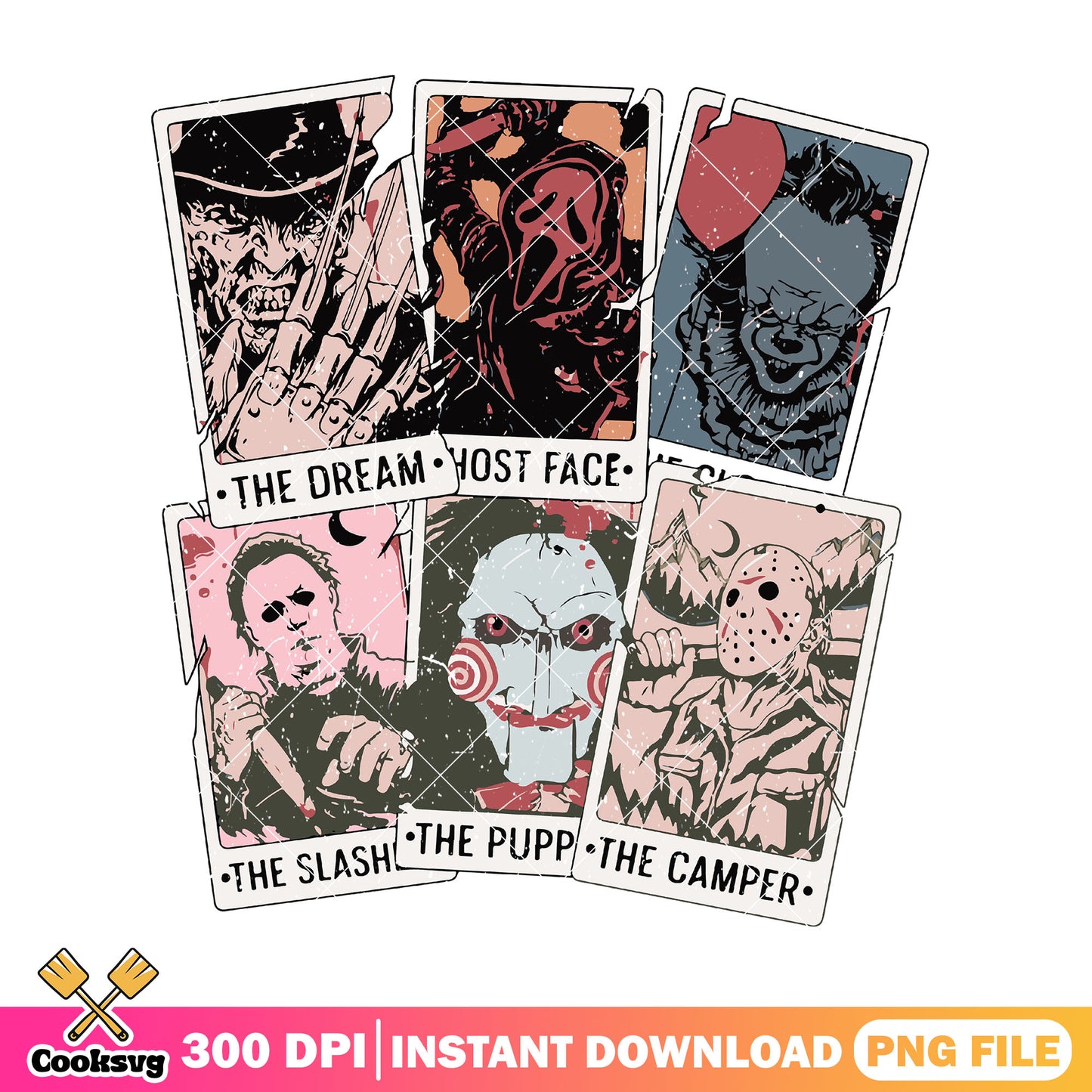 Horror casts halloween tarot card png, horror movie characters png