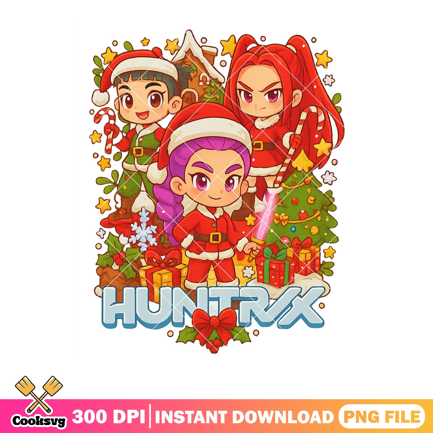 Huntrix chibi christmas png, kpop demon hunters png, christmas gifts png