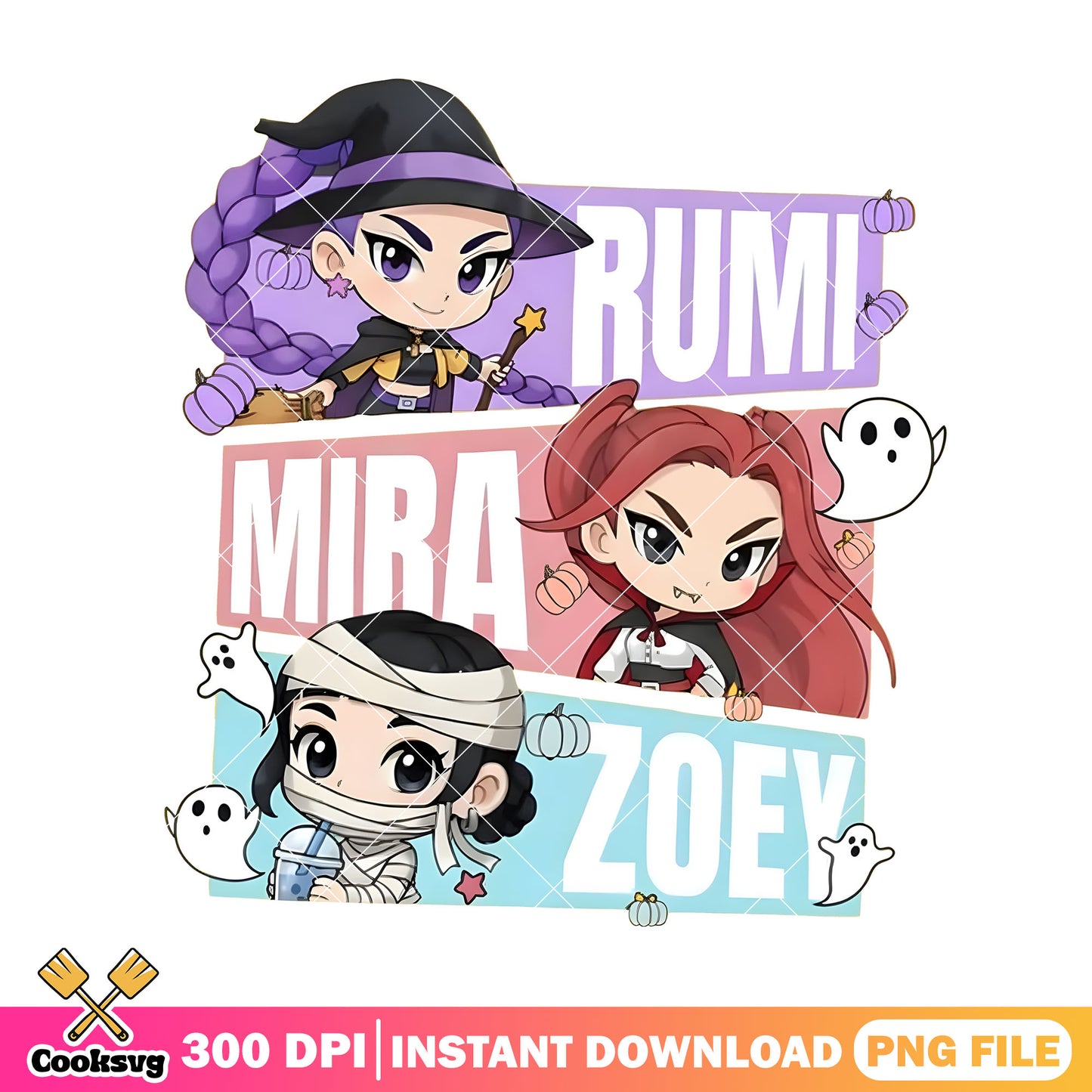 Huntrix costume halloween png, huntrix pumpkin png, mummy costume png