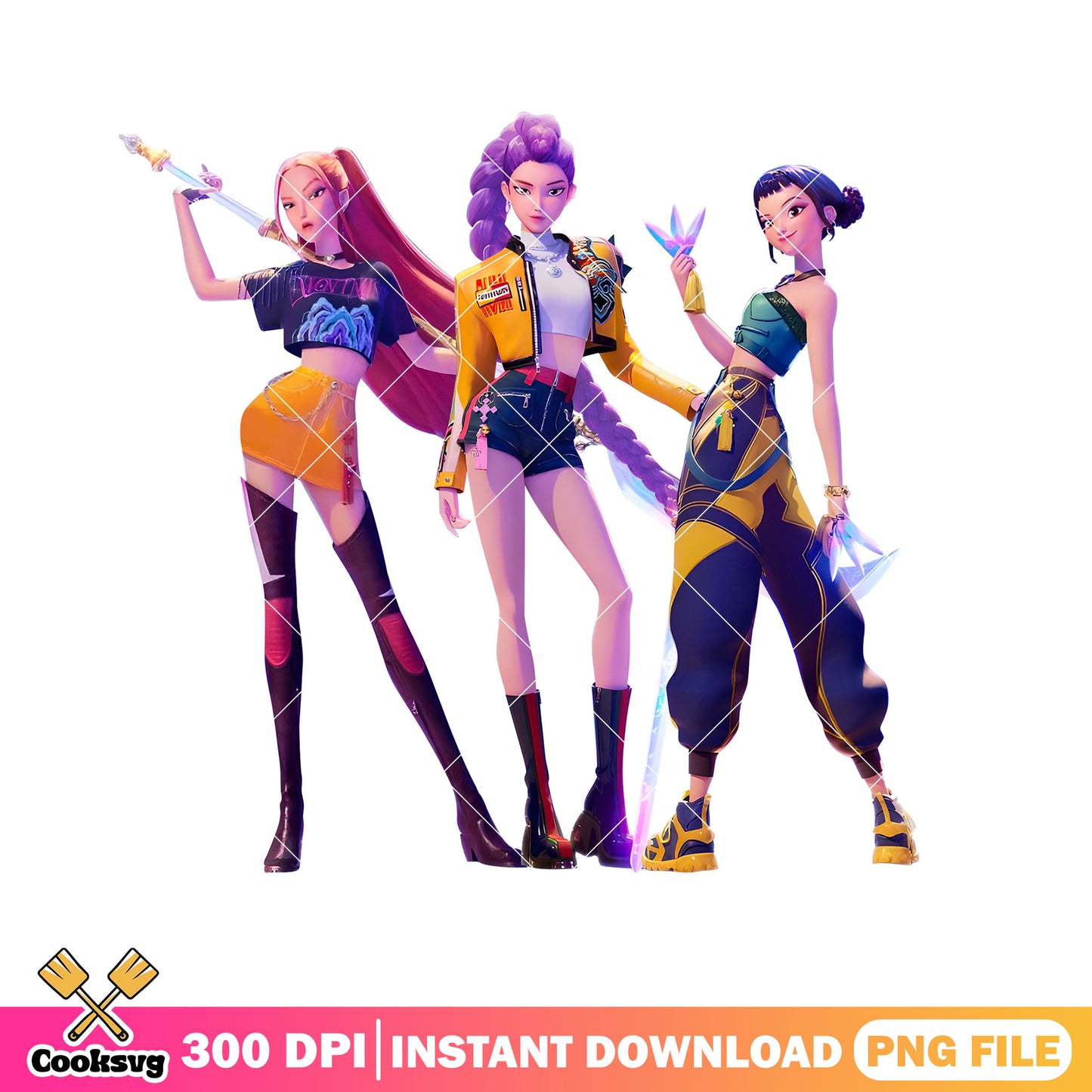 Huntrix kpop 3d poster logo png, girls pose poster png, girls kpop png