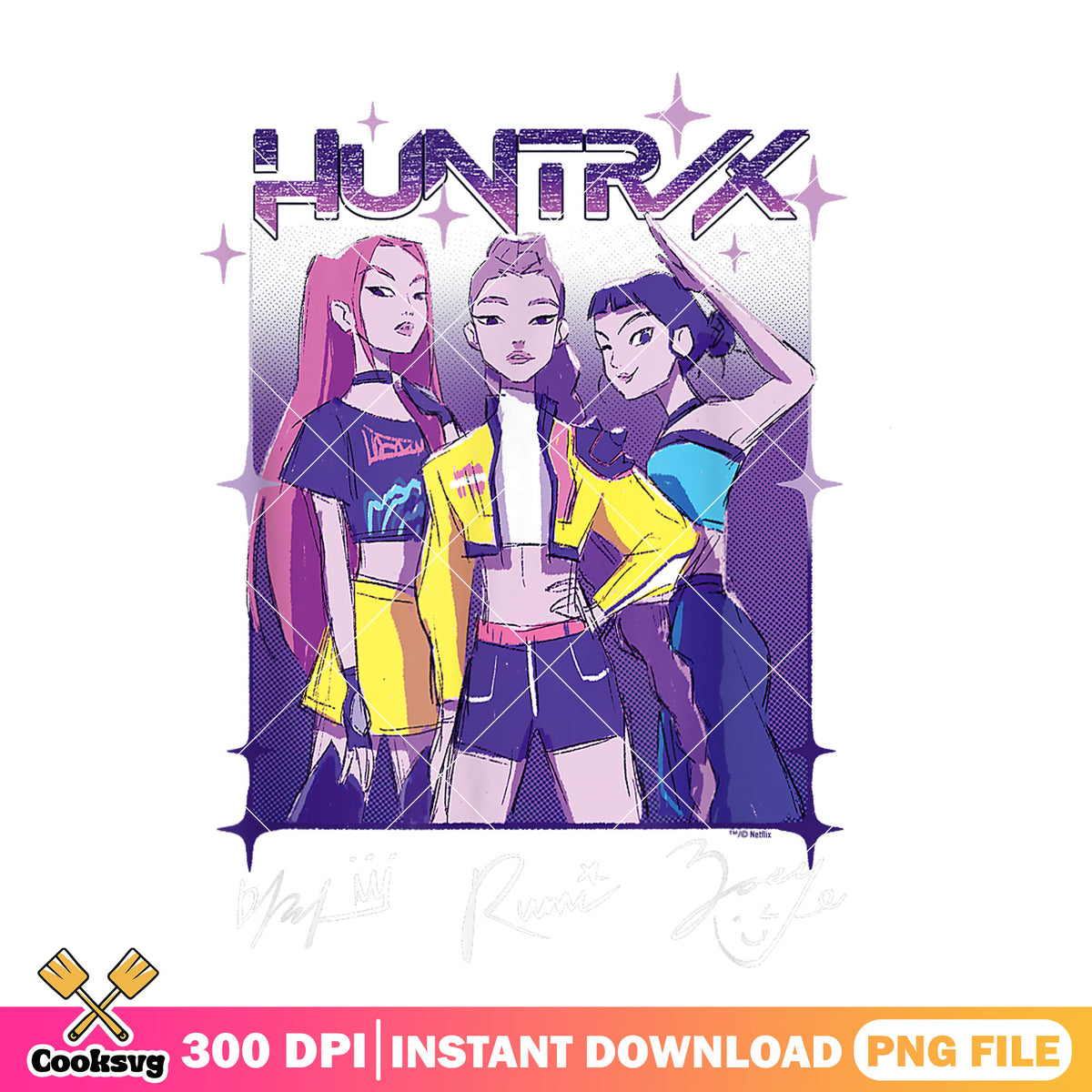 Huntrix signature poster png, huntrix logo png, kpop netflix png