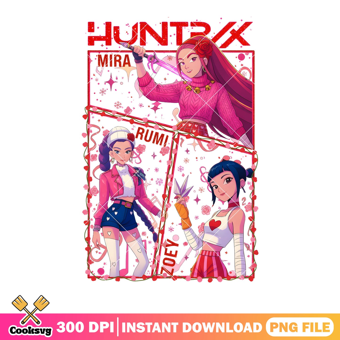 Huntrix valentines comic png, huntrix girls png, funny valentines png