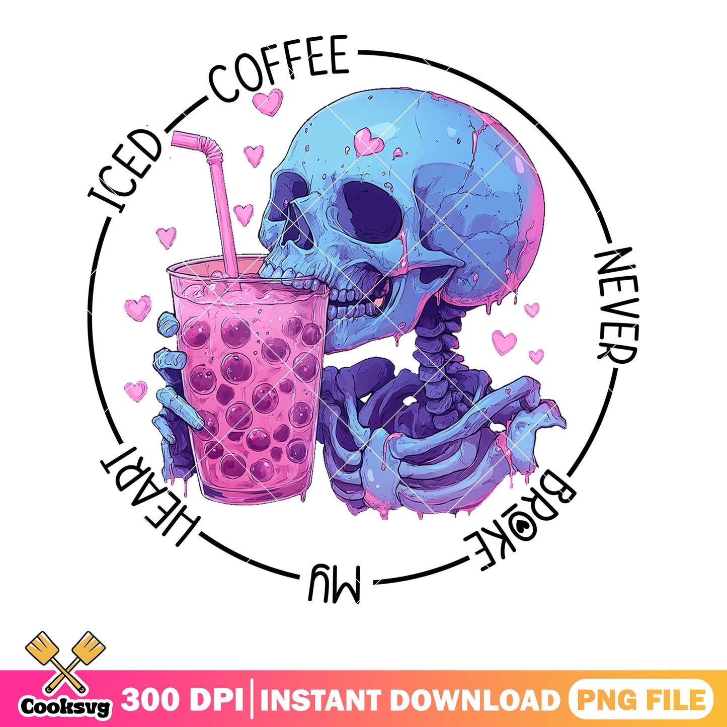 Iced Coffee Valentines skull png, skeleton love png, valentine day png