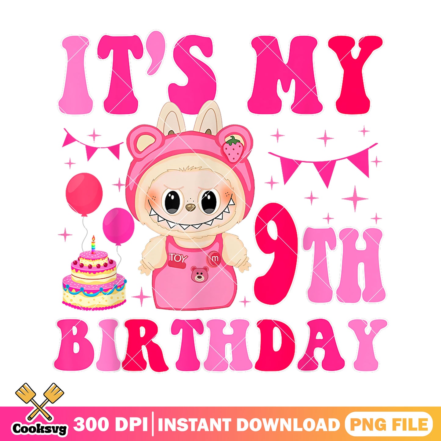 Its my 9th birthday labubu png, birthday labubu png, pink labubu png