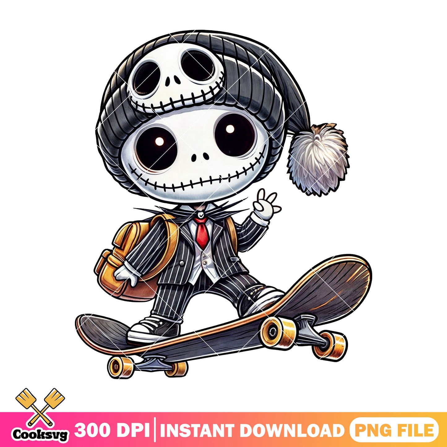 Jack skellington skateboarding png, black hat png, back to school png