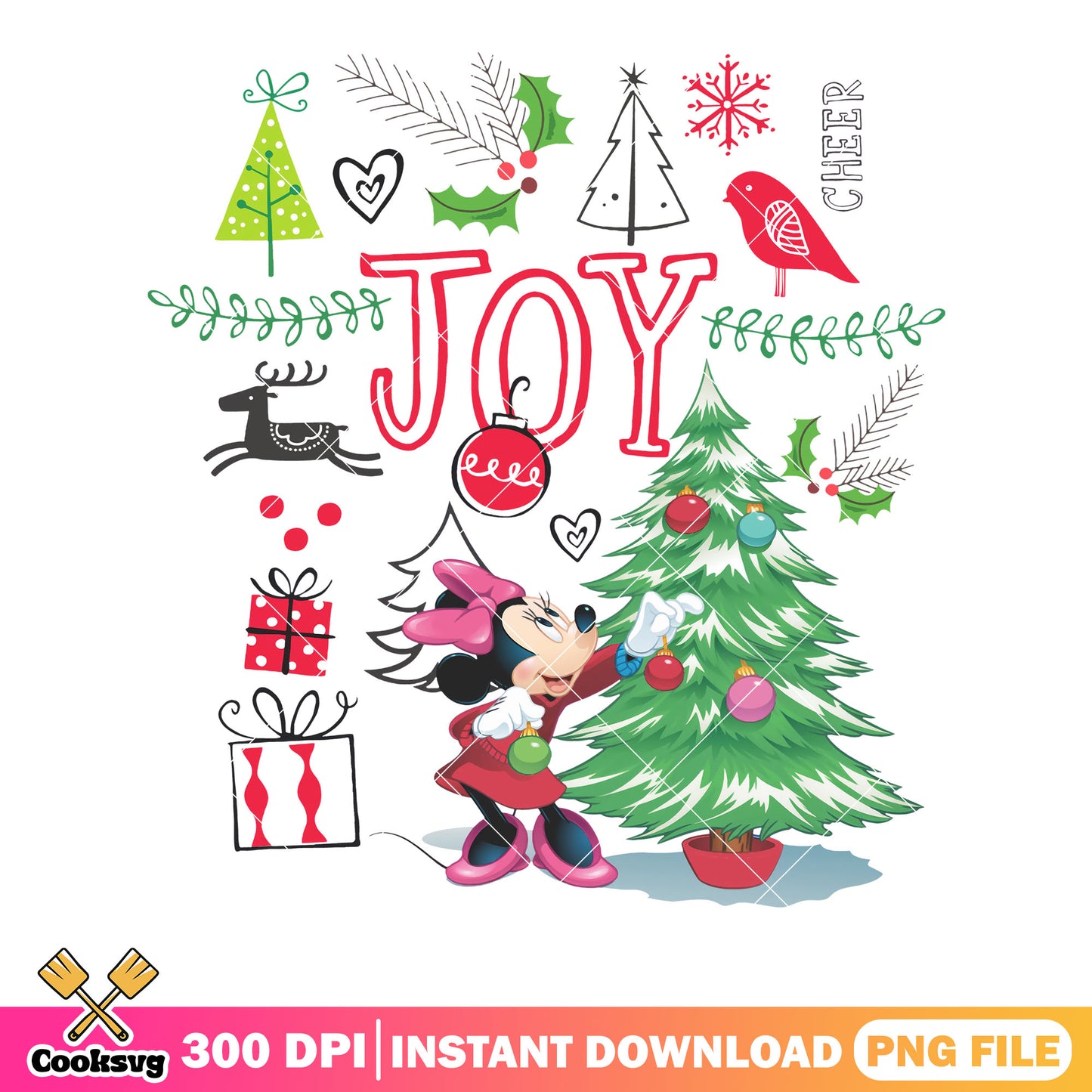Joy christmas gifts png, minnie mouse png, christmas tree png