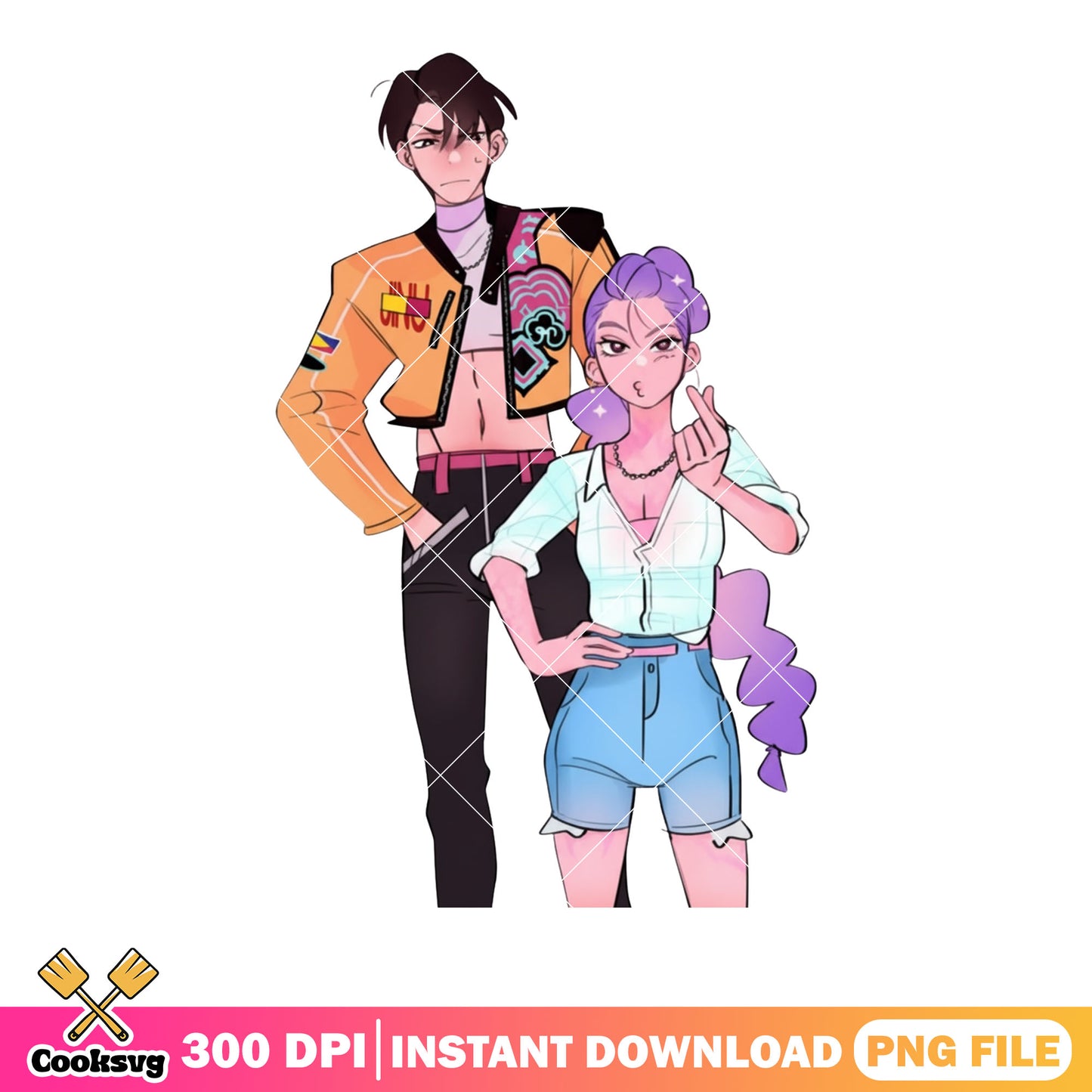 Kpop couple anime pose png, boy girl fashion png, couple kpop png