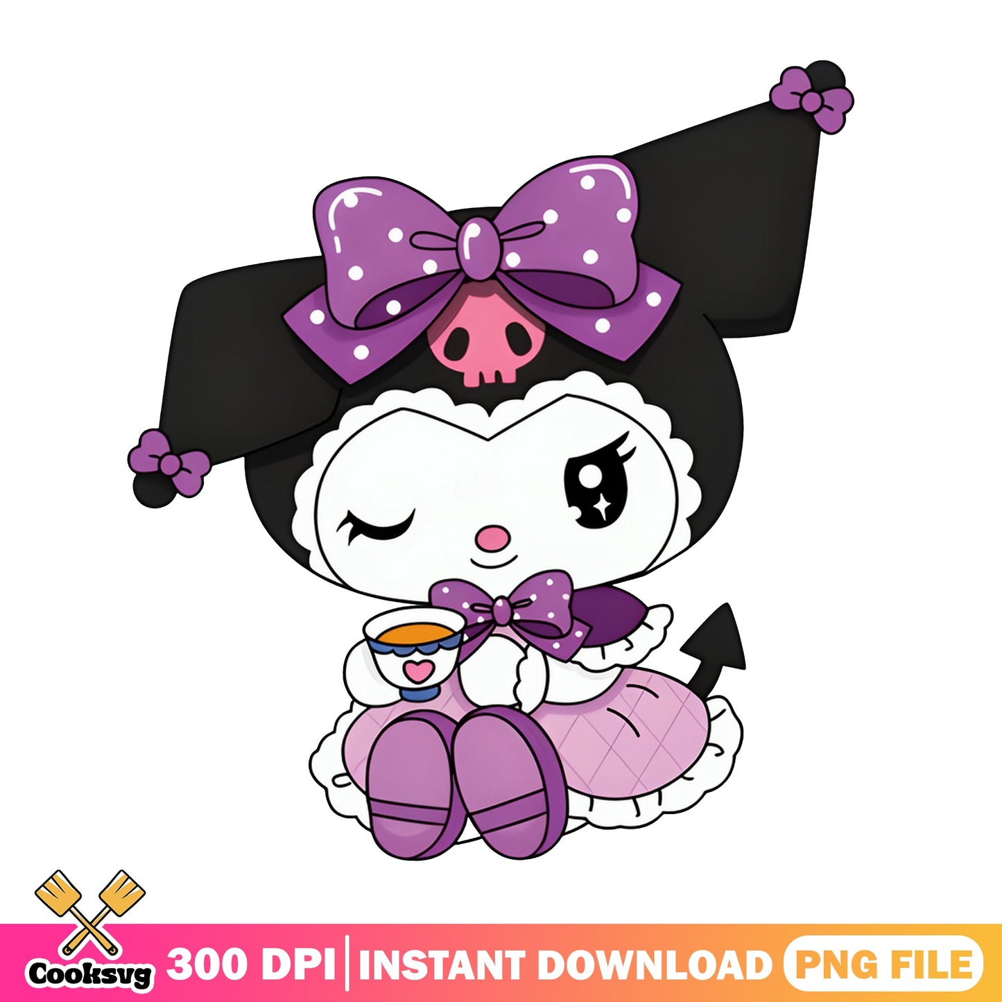 Kuromi Drinking Tea PNG, Sanrio Clipart, Cute Kuromi PNG
