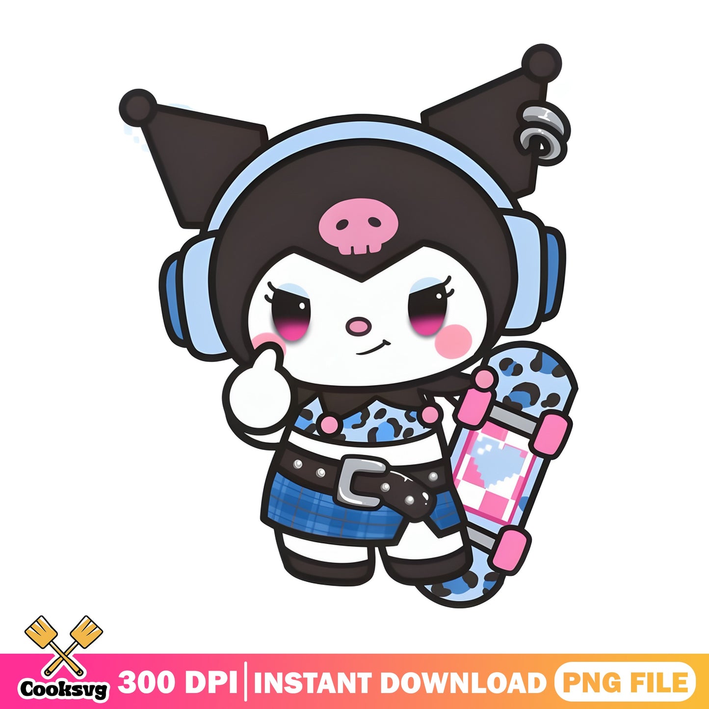 Kuromi Skater With Headphones PNG, Sanrio PNG, Cute Kuromi PNG