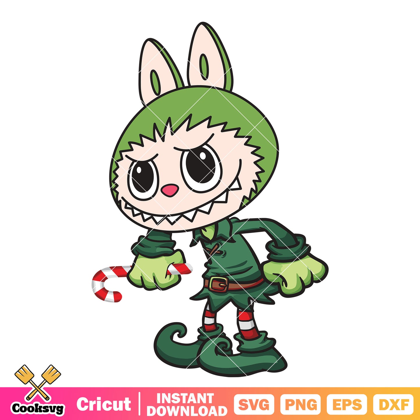 Labubu Candy Cane Svg, labubu christmas svg, green labubu svg