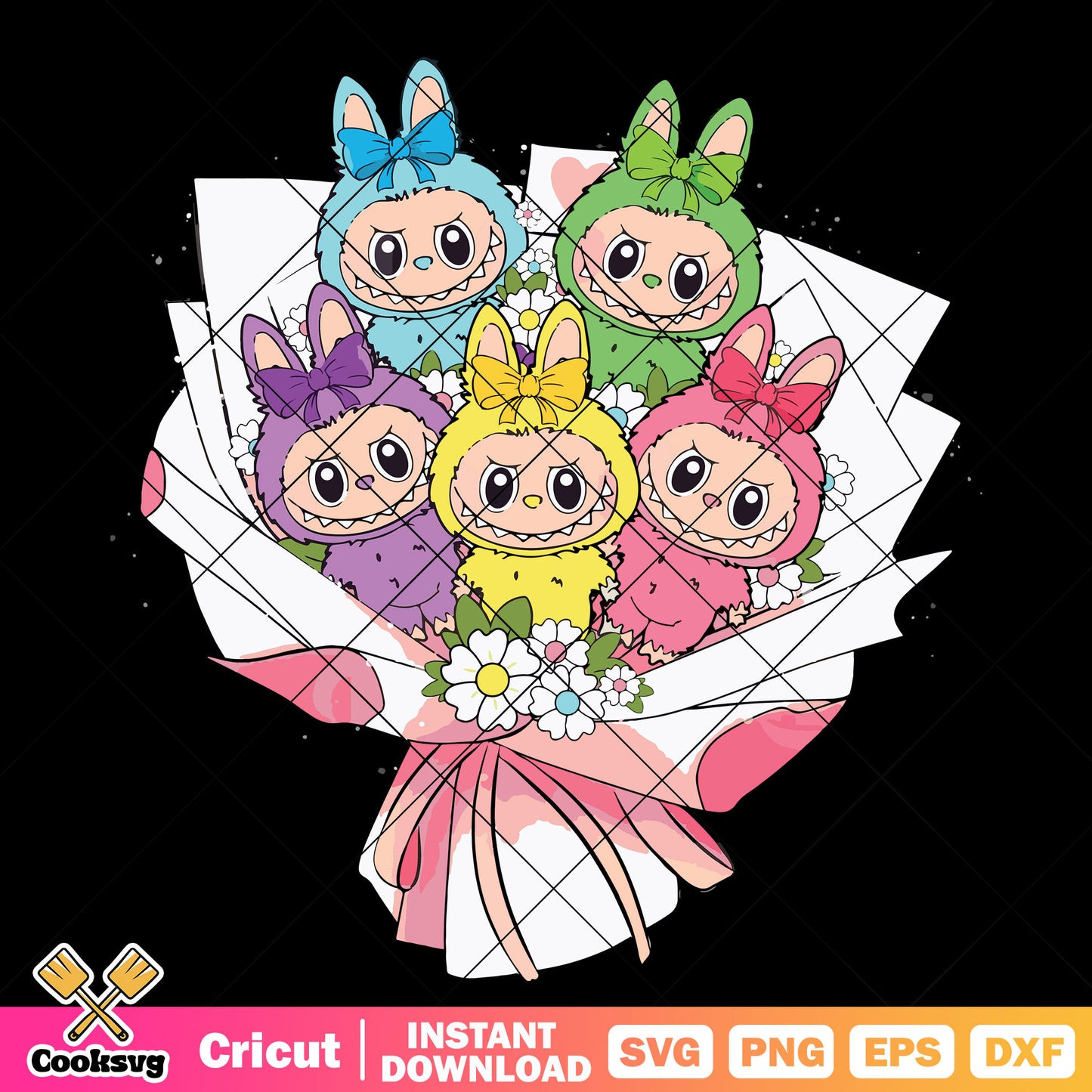 Labubu Flower Bouquet Svg, labubu flower svg, labubu macaron svg