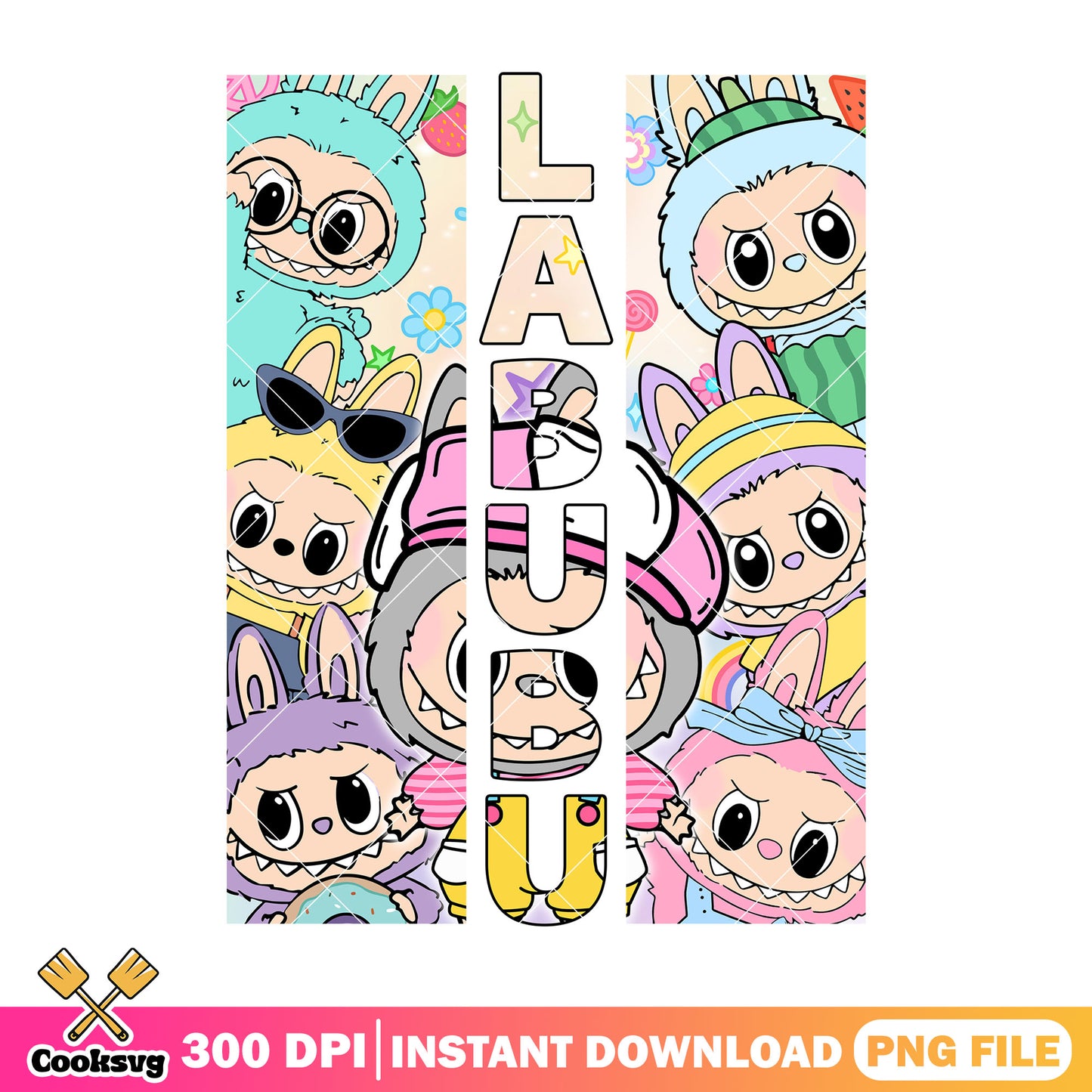 Labubu and different costumes png, labubu hehe png, labubu plush png