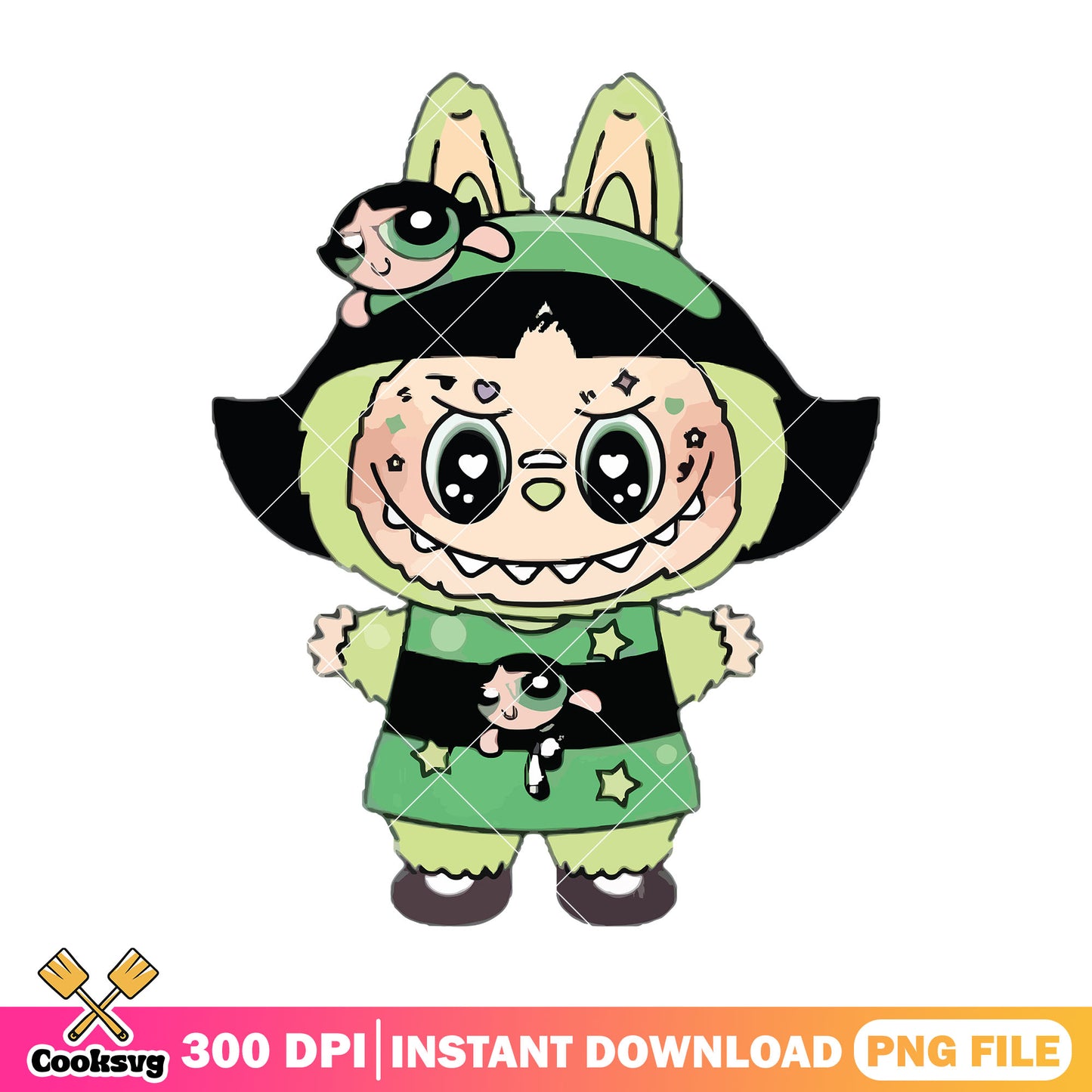 Labubu buttercup outfit png, labubu green png, labubu plush png