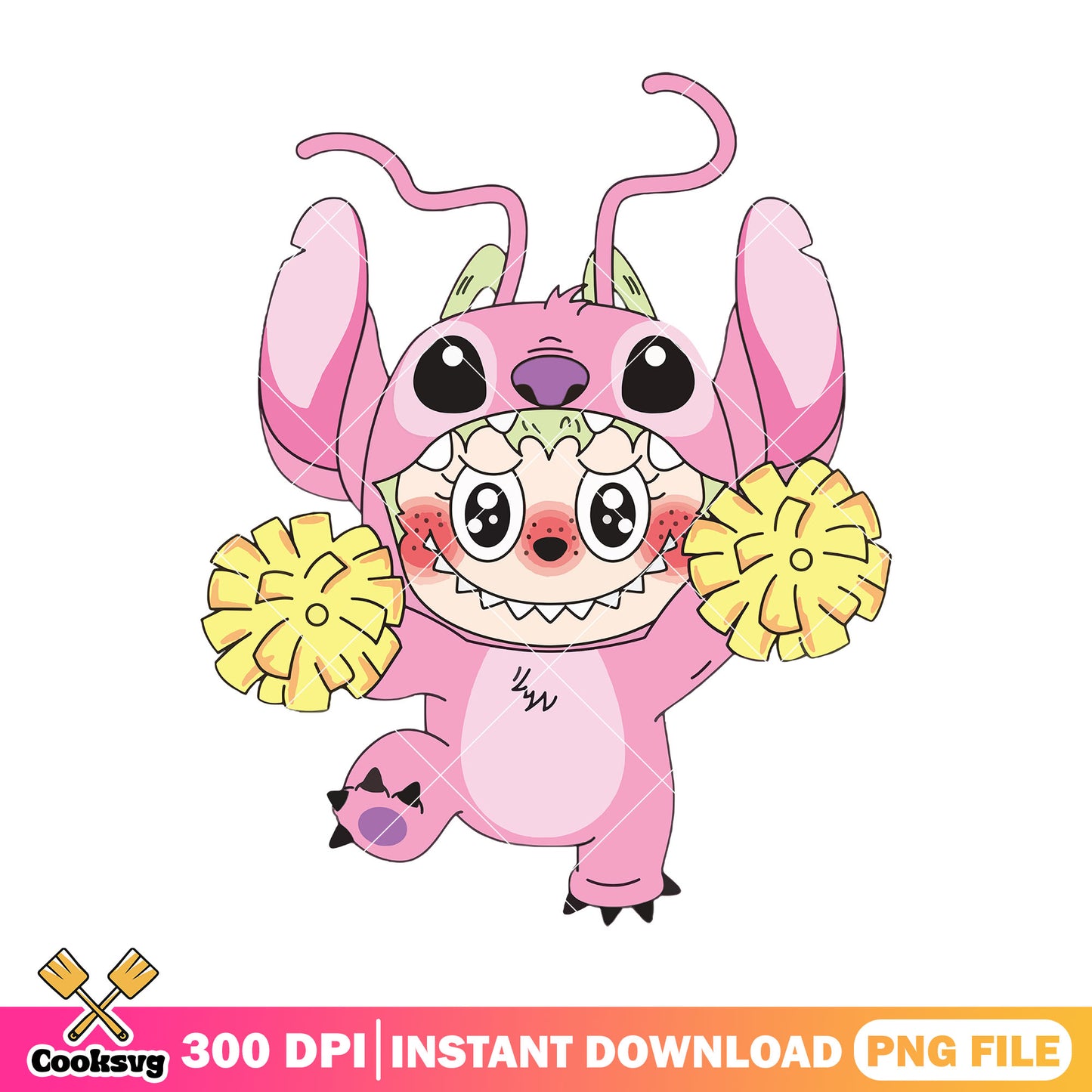 Labubu cosplay stitch png, labubu pink png, labubu happy png