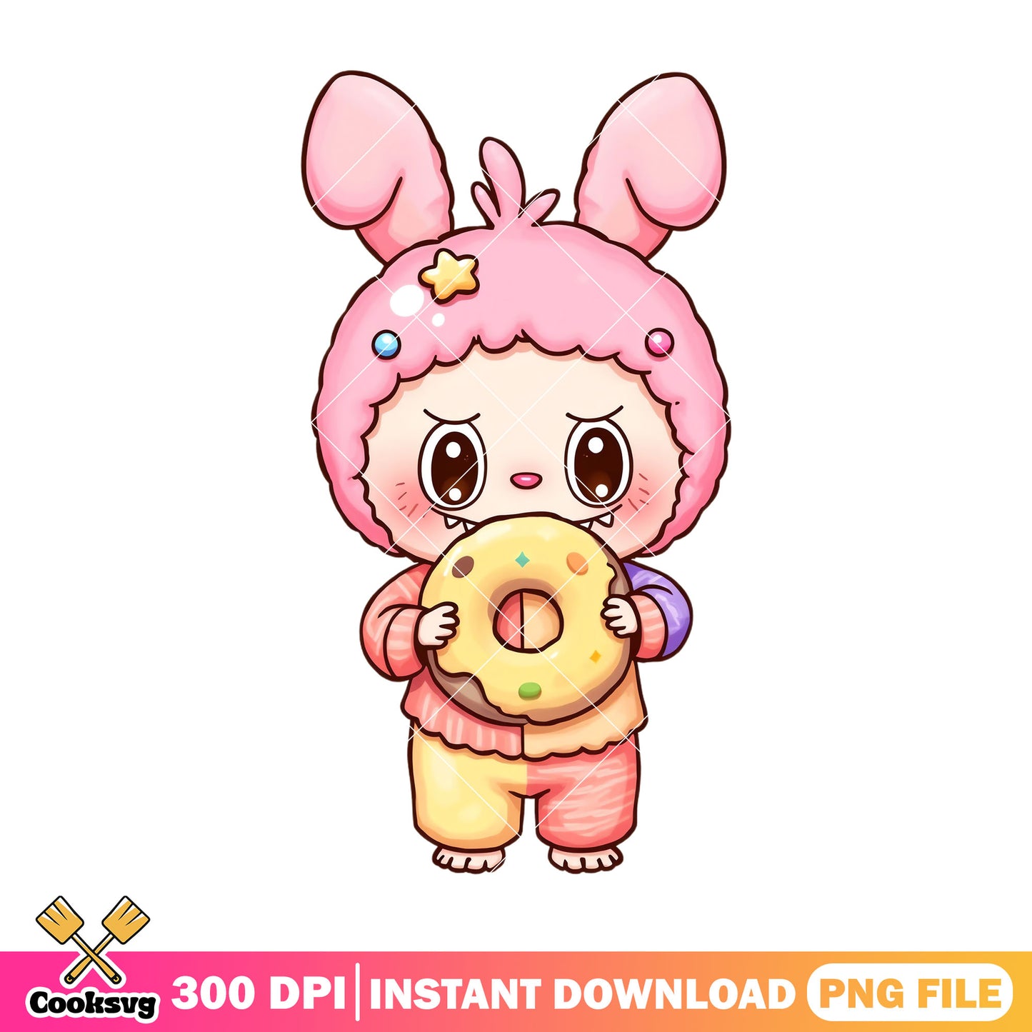 Labubu eating big donut png, labubu pink png, labubu girl png