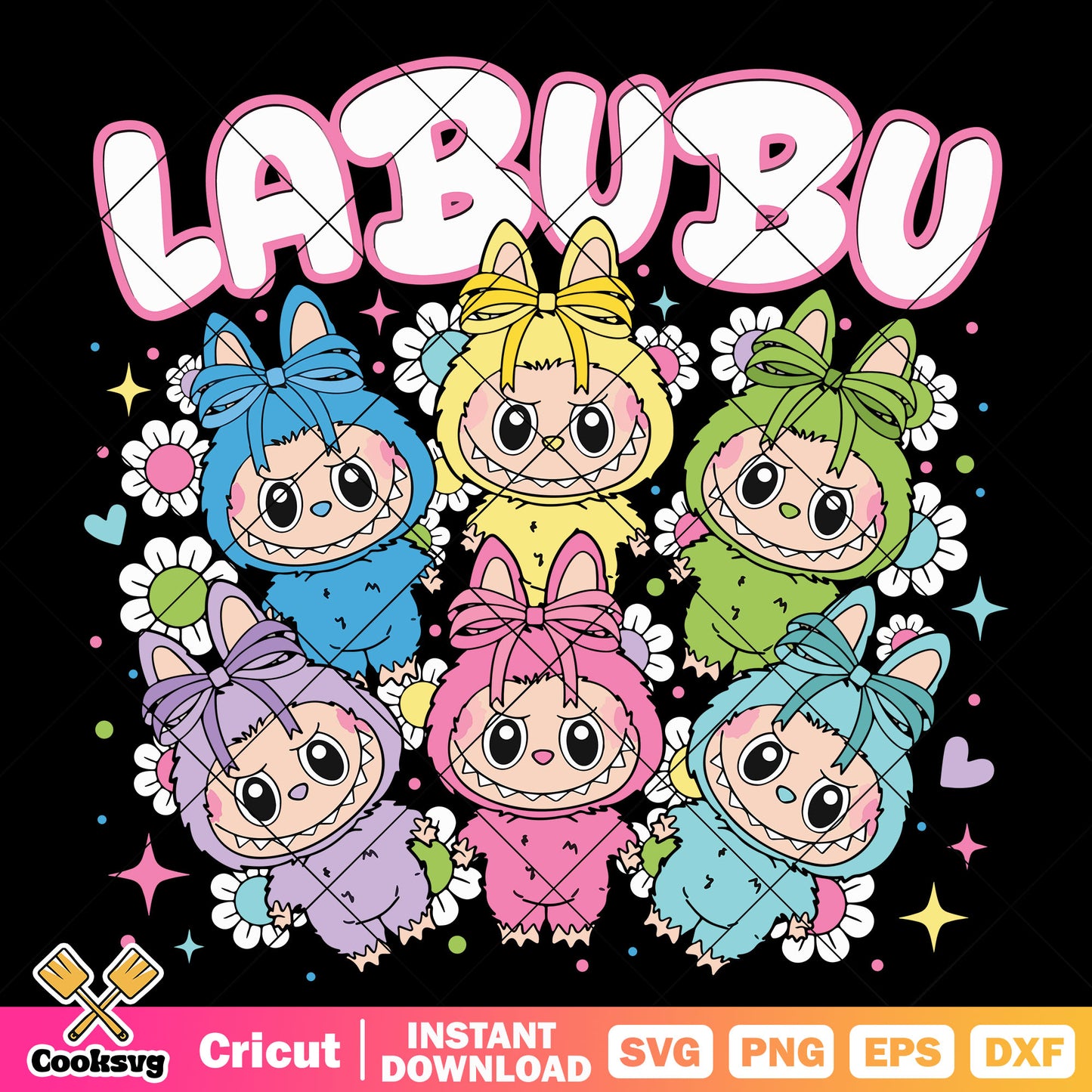 Labubu floral vibes svg design, labubu vibes svg, labubu flower svg