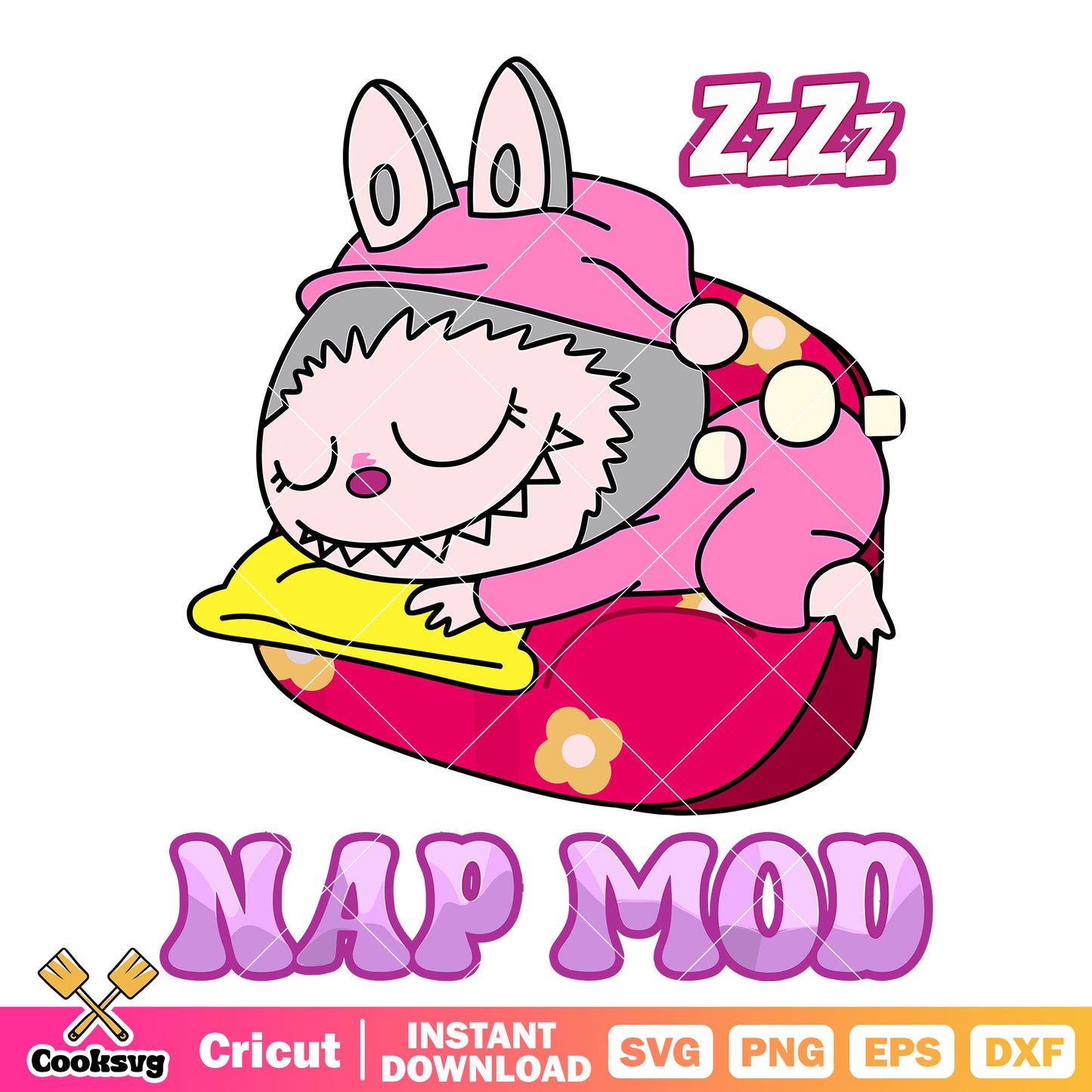 Labubu gray nap mod svg, labubu sleeping svg, pink labubu svg