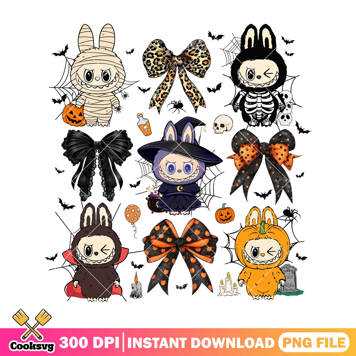 Labubu halloween creepy bows png, scary dolls png, labubu dolls png