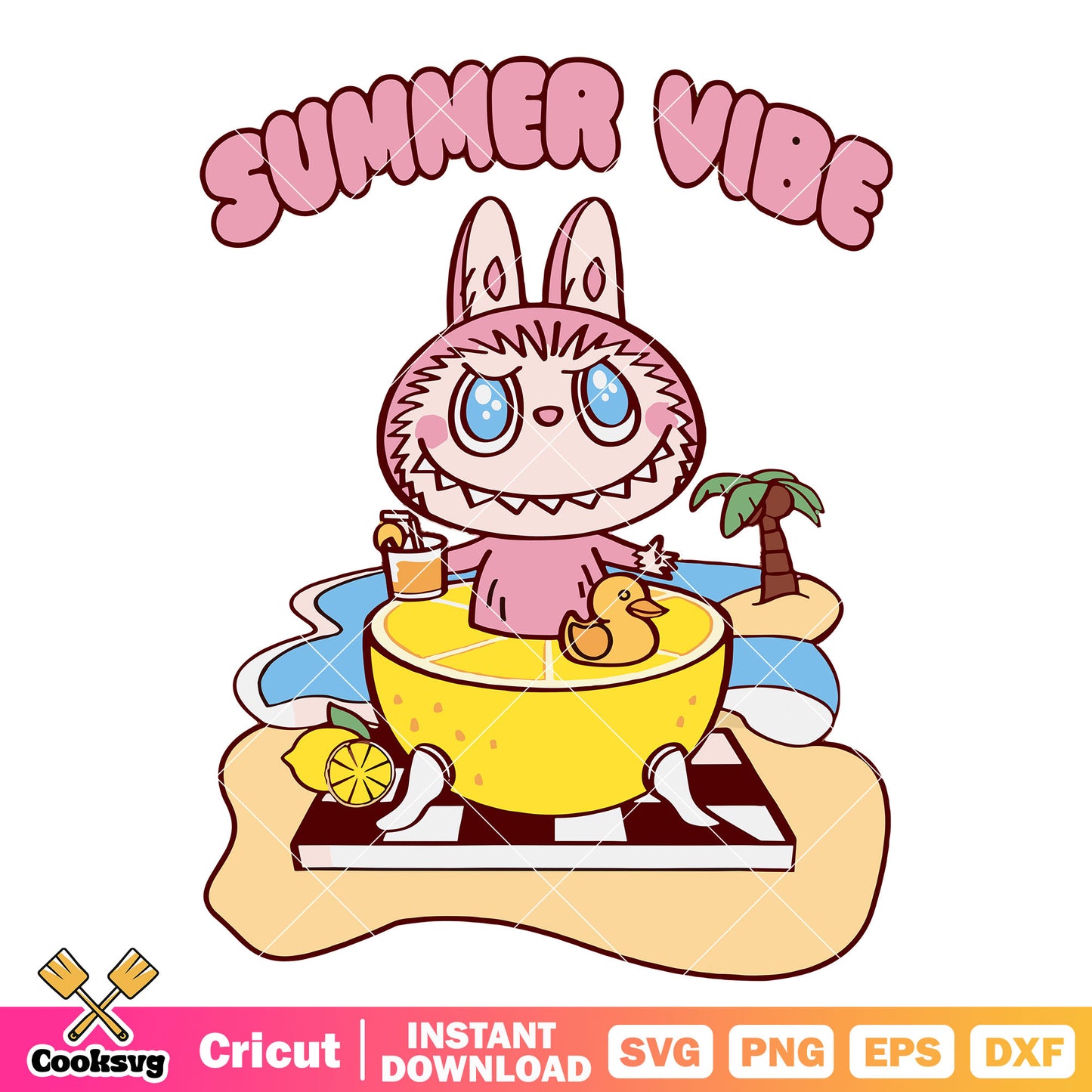 Labubu in summer vibe svg, labubu summer svg, pink labubu svg