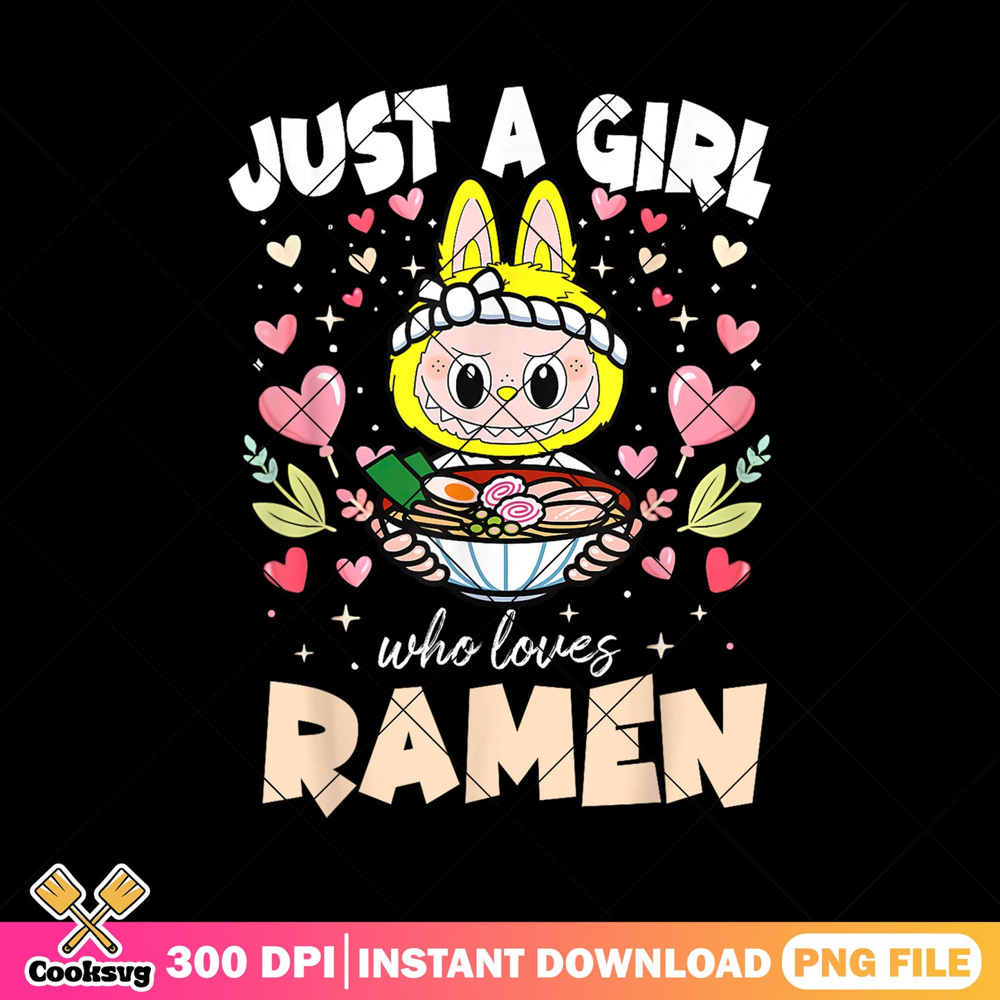 Labubu just a girl love ramen png, labubu girl png, yellow labubu png