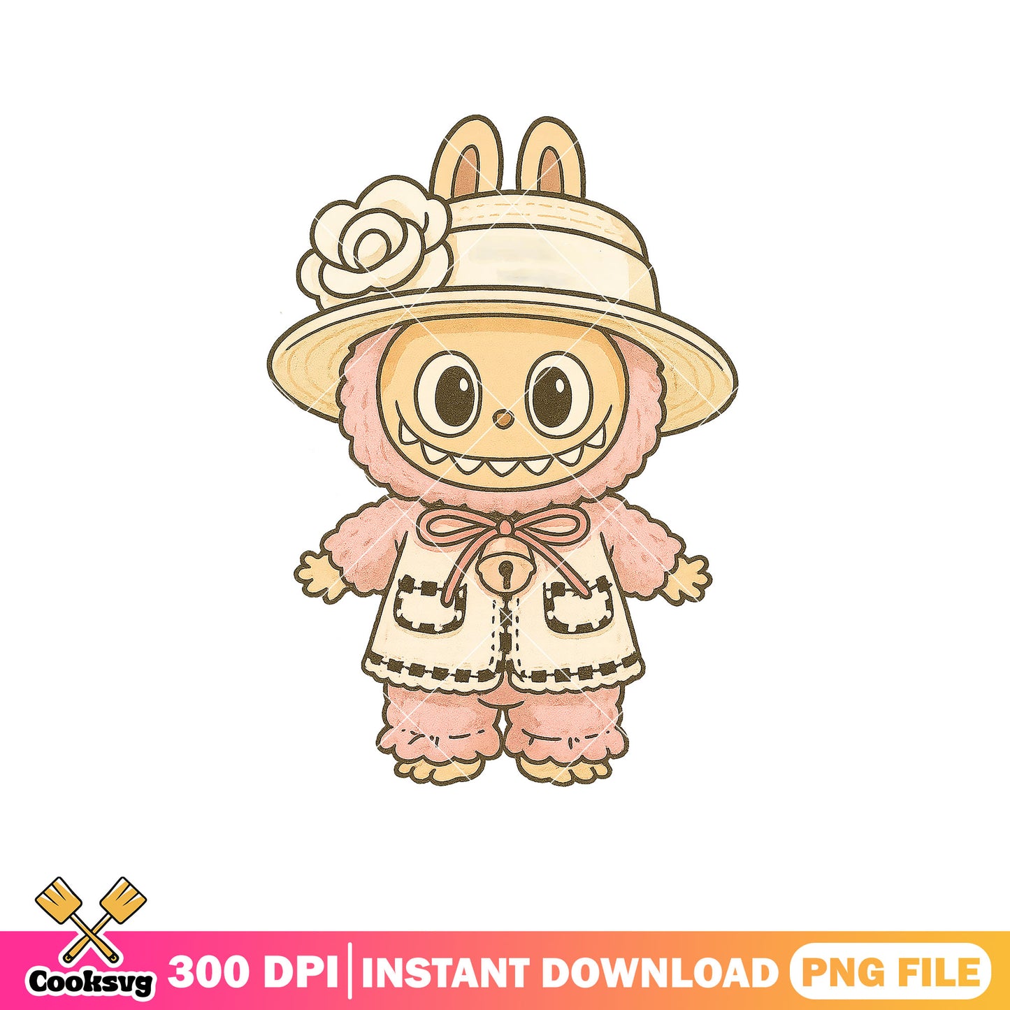 Labubu pink dress with hat png, pink doll png, labubu popmart png