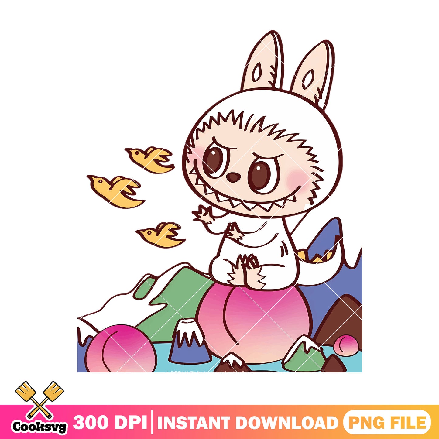 Labubu sitting on mountain png, labubu big png, labubu white png