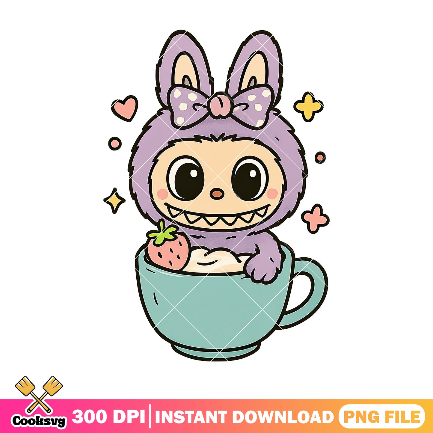 Labubu with strawberry in a cup png, purple labubu png, cute labubu png