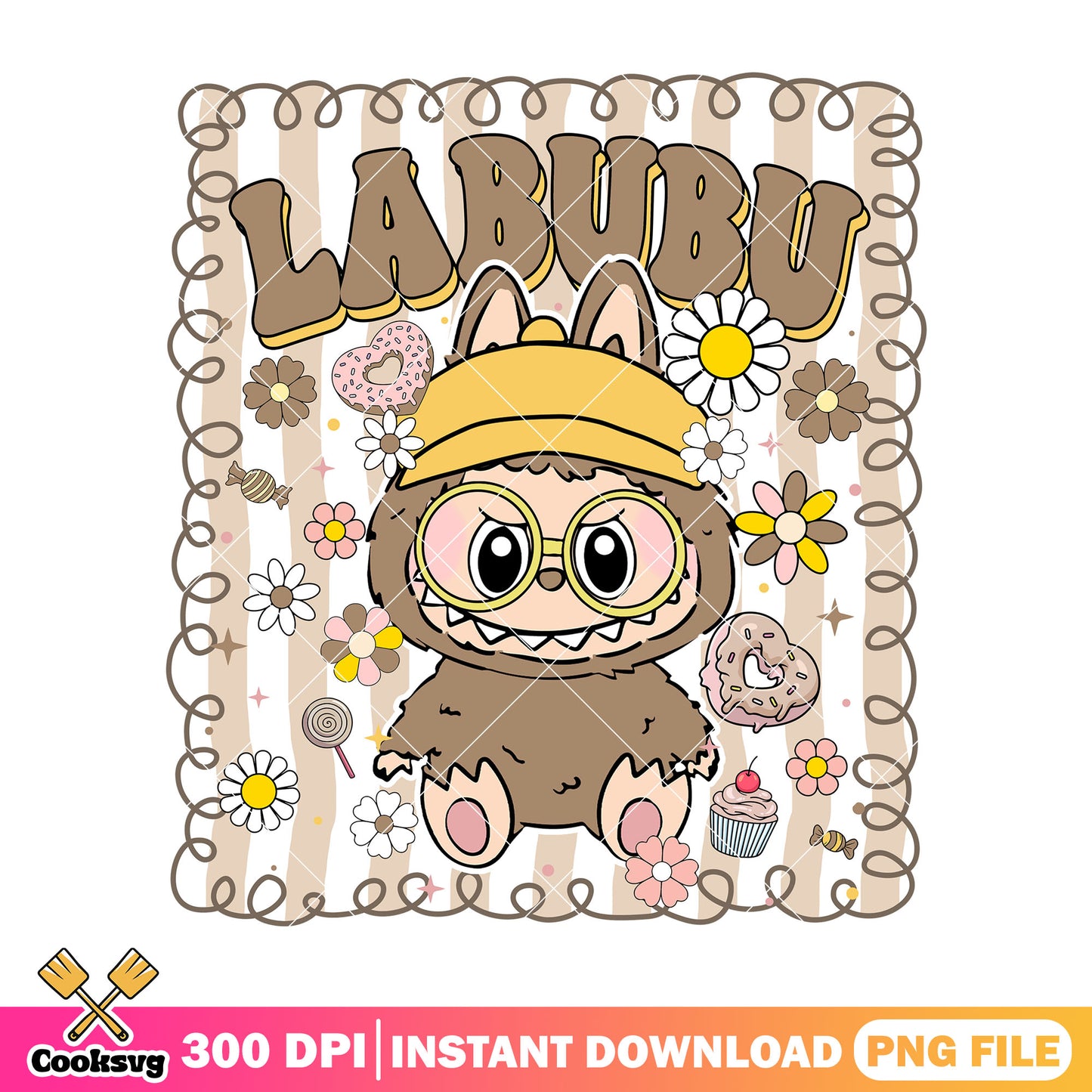 Labubu with yellow cap png, labubu sitting png, labubu brown png