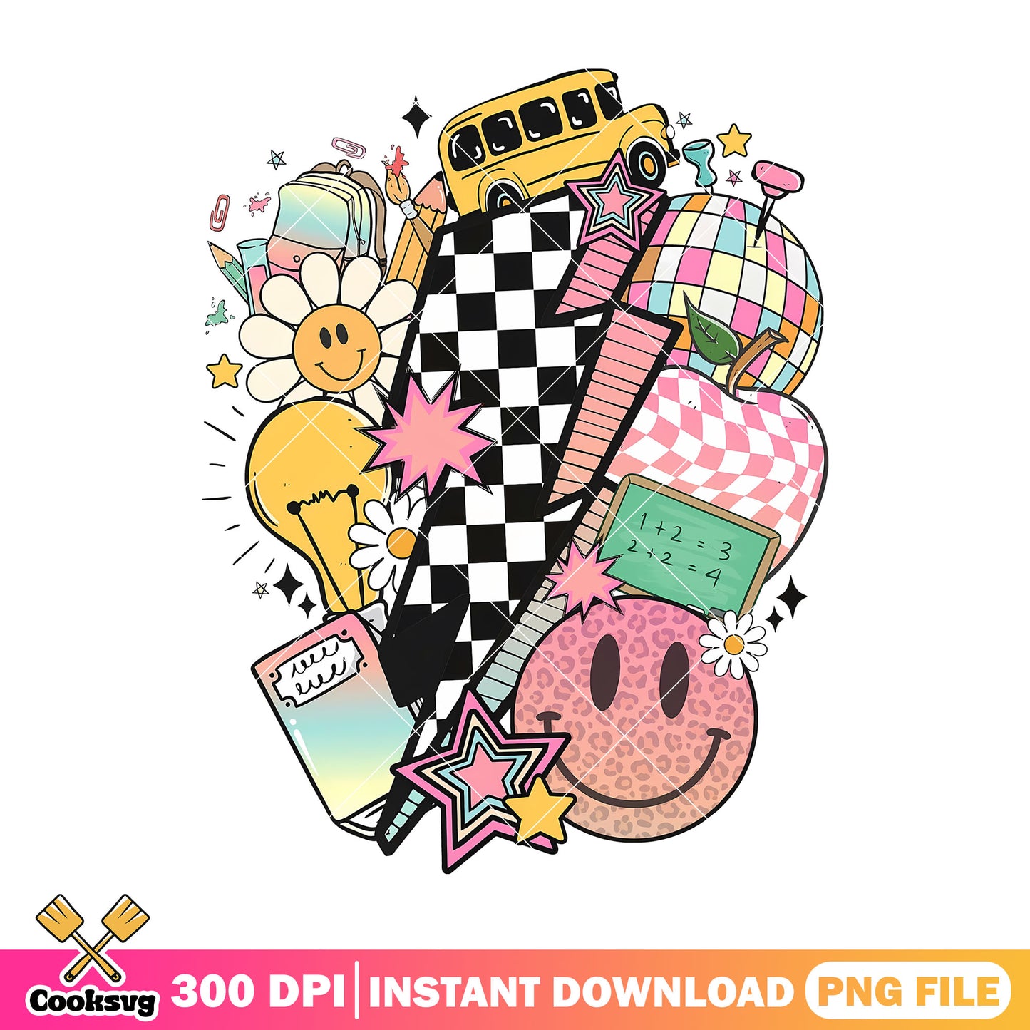 Lightning file design png, yellow bus png, back to school art png
