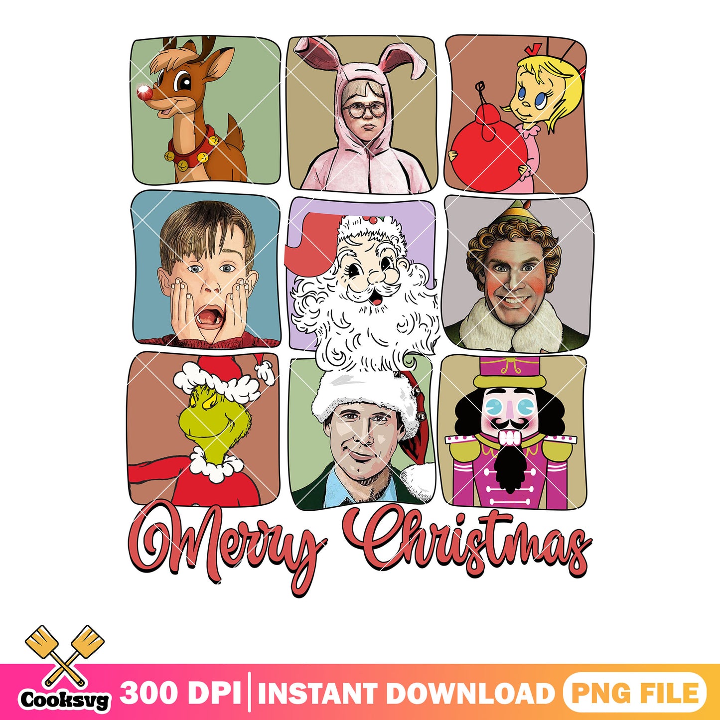 Merry christmas bunch png, vintage holiday movie png, hand draw png