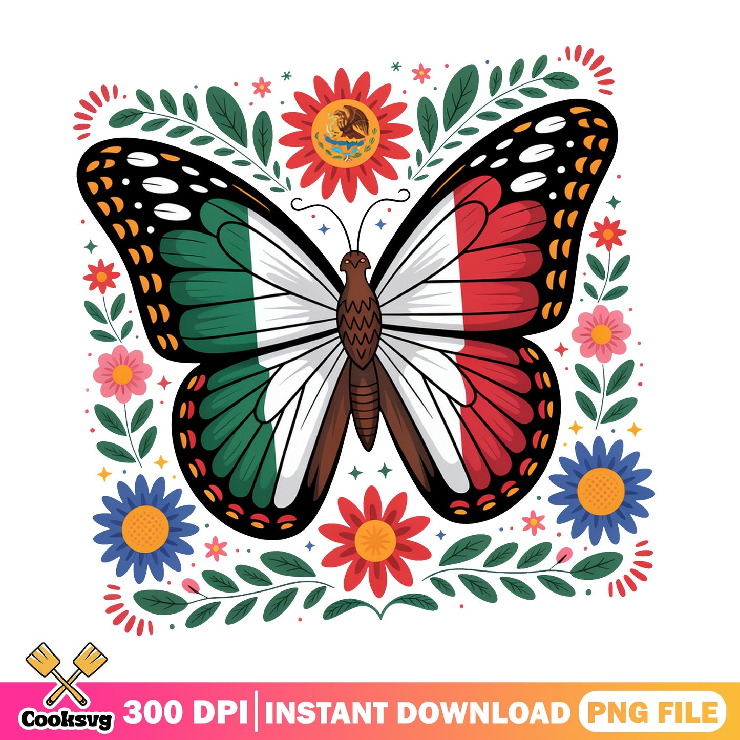 Mexican Flag Butterfly Floral PNG, Mexico Butterfly PNG, Cinco De Mayo PNG
