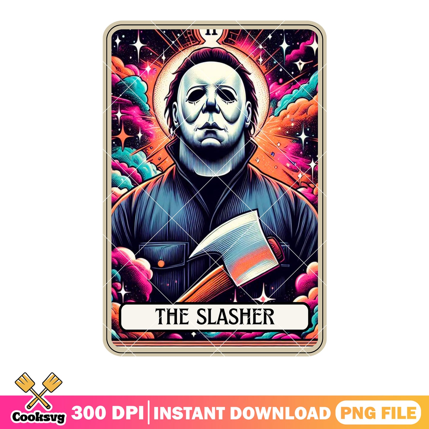 Michael myers scary card png, axe killer png, magic cloud png