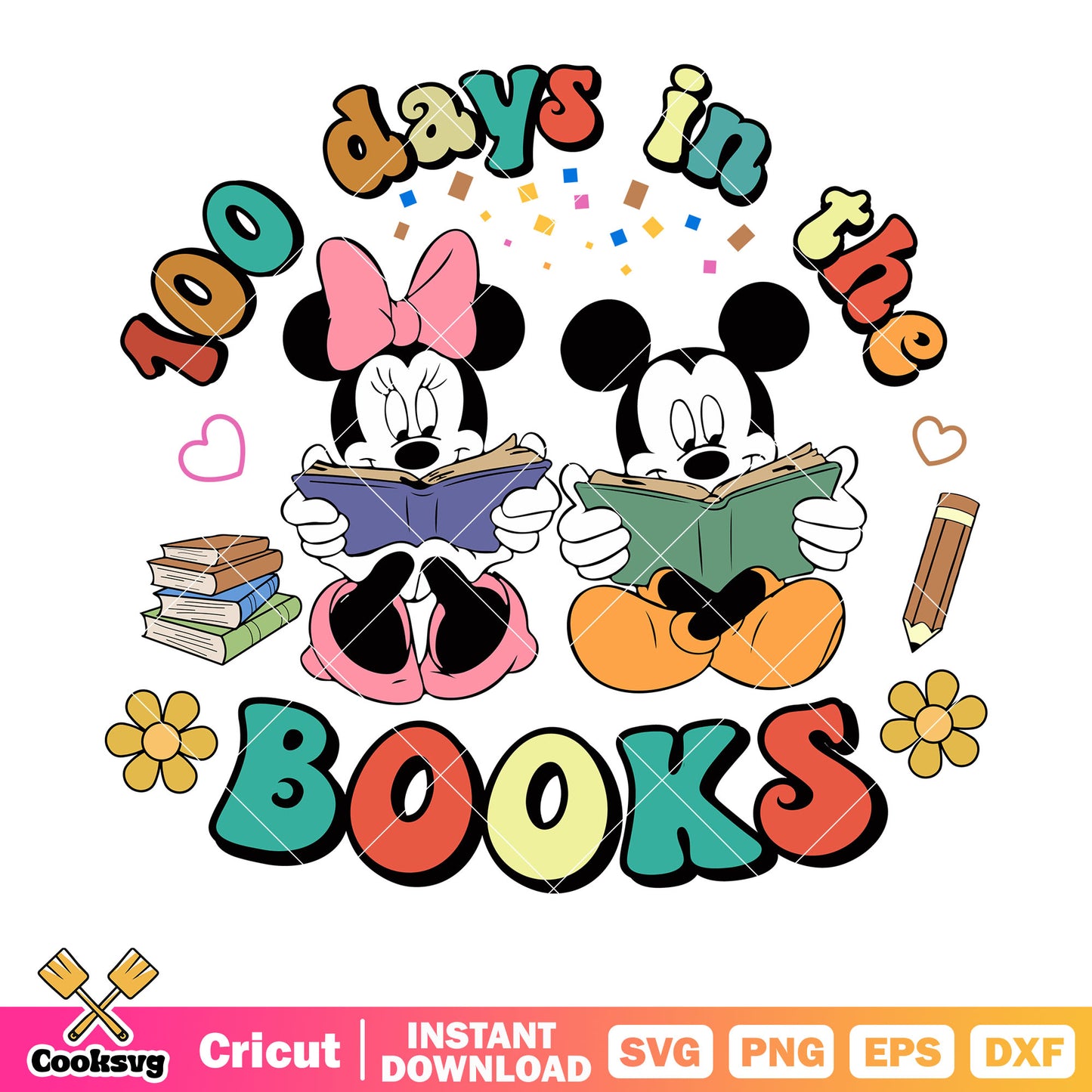 Mickey 100 days in the books svg, school books svg, back to school svg