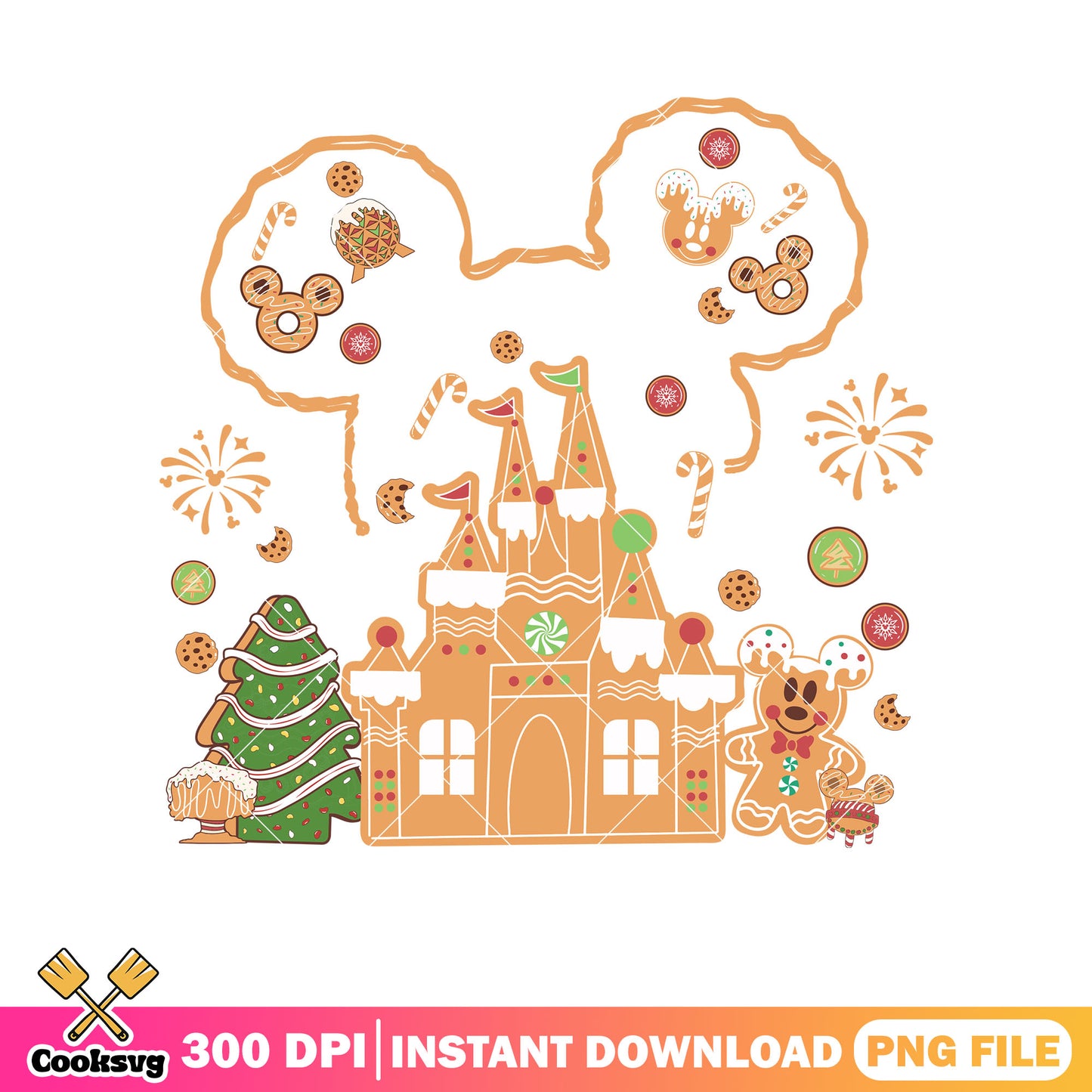 Mickey mouse castle head gingerbread christmas png, mickey castle png, gingerbread man png
