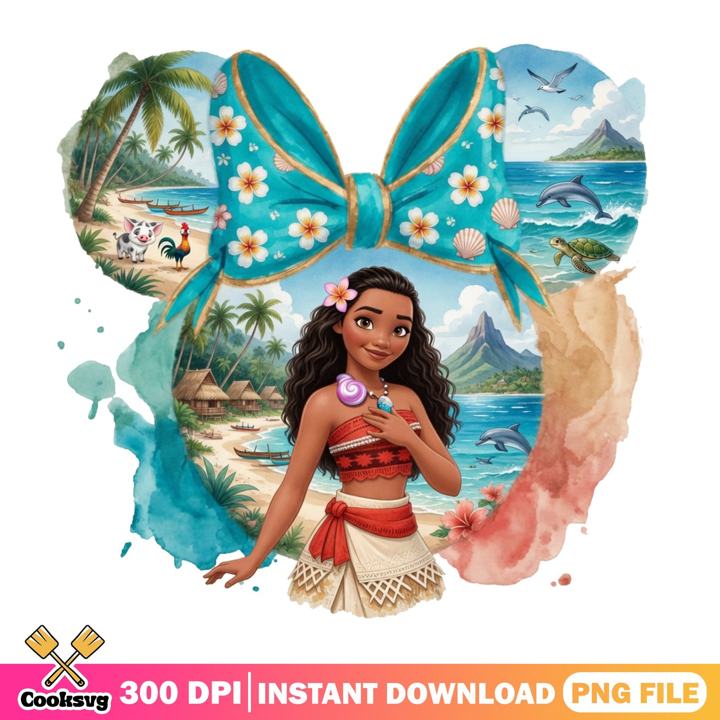 Moana Disney Princess Watercolor PNG, Minnie Bow PNG, Disney PNG
