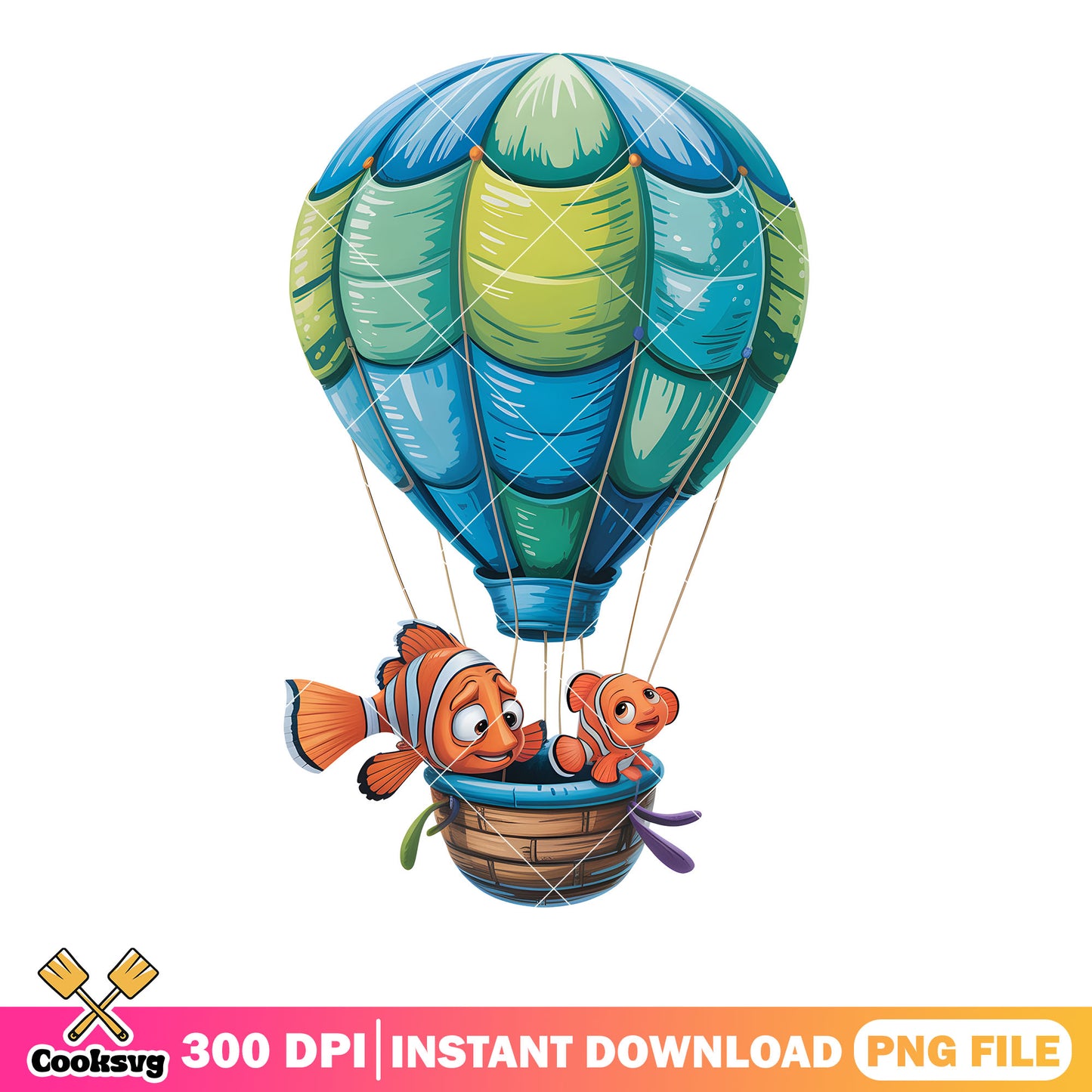 NEmo and dad on hot air balloon png, clownfish marlin png, nemo png