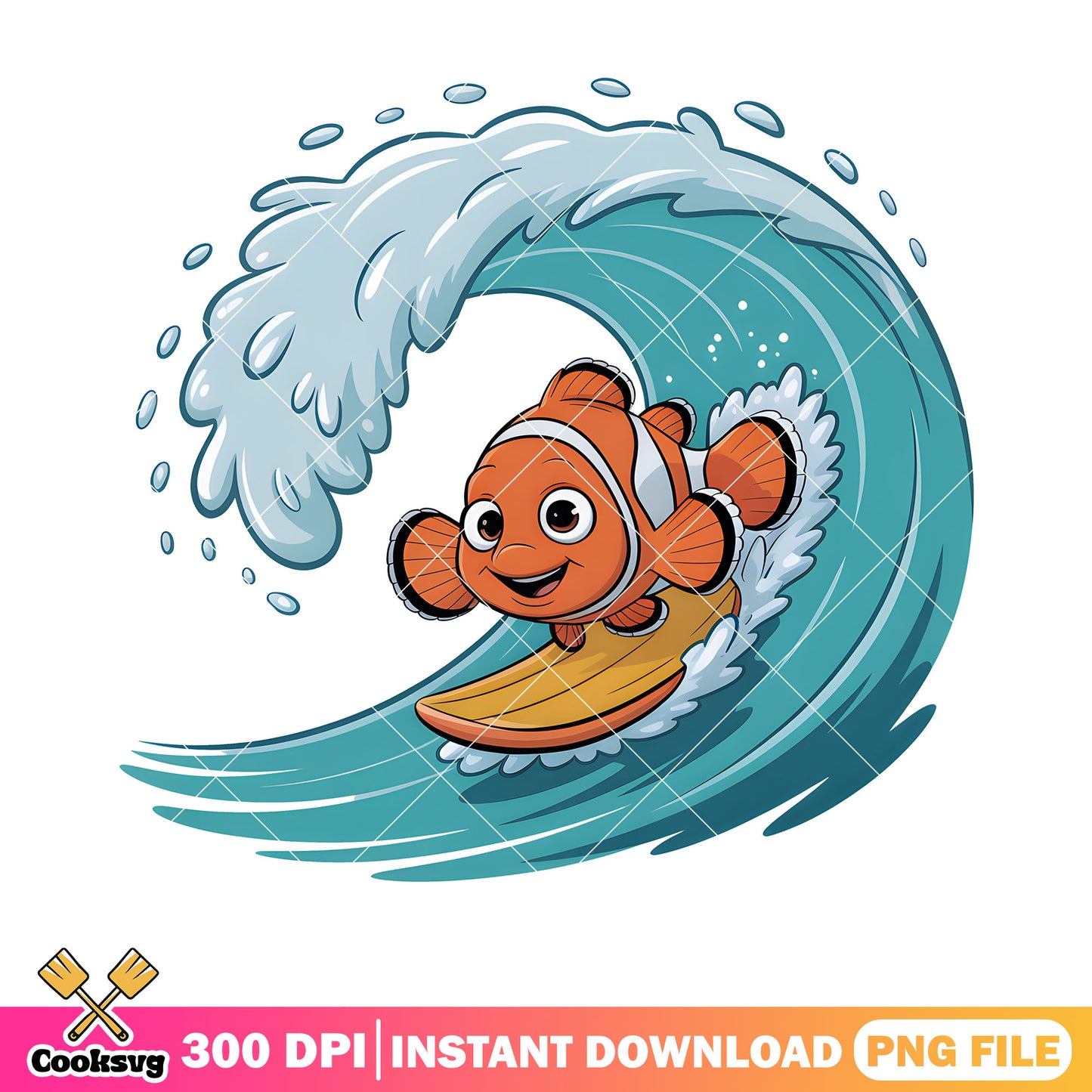 NEmo surfing beach vibes png, disney sticker png, poster nemo png