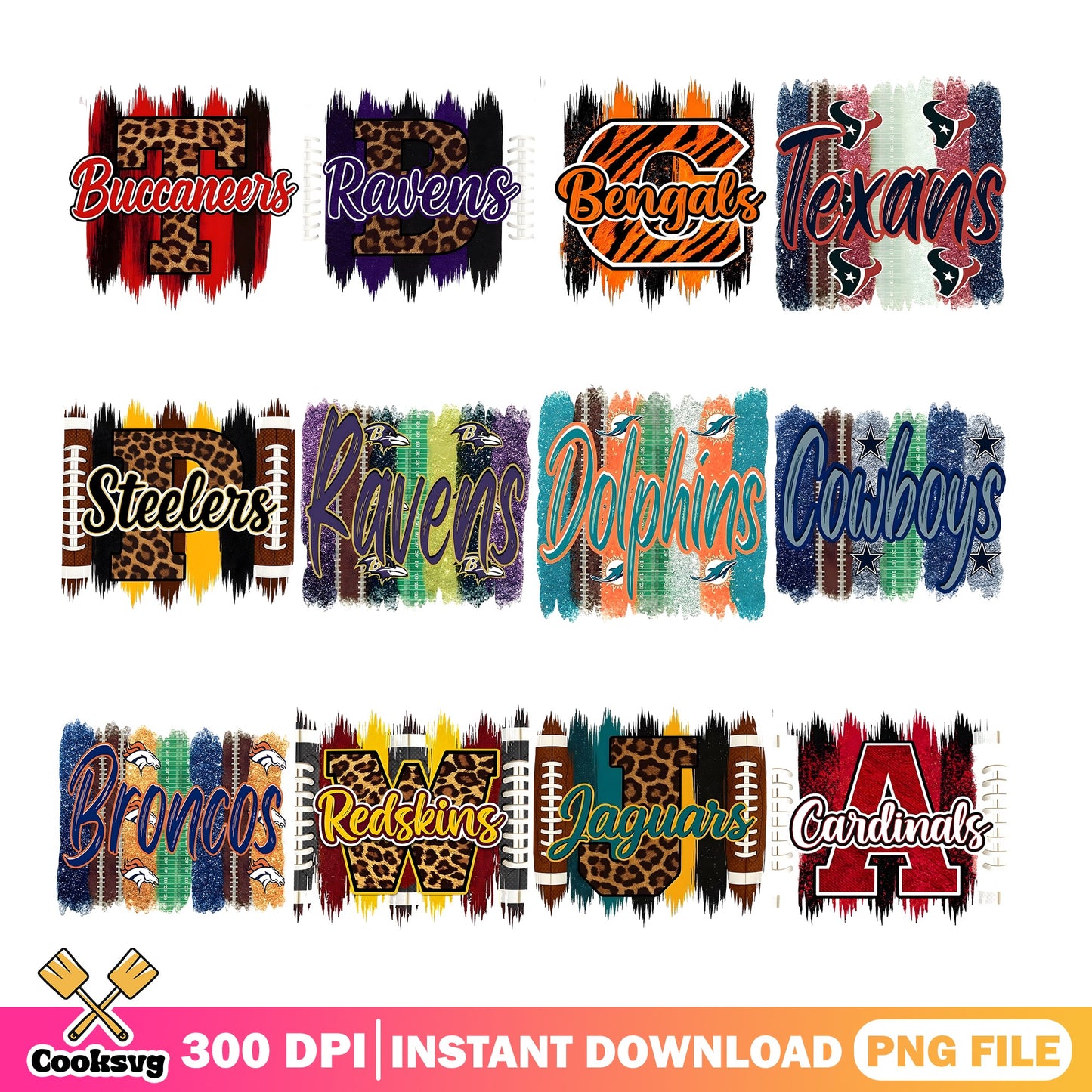NFL Teams Bundle PNG, Football Leopard Brushstroke, Sports PNG