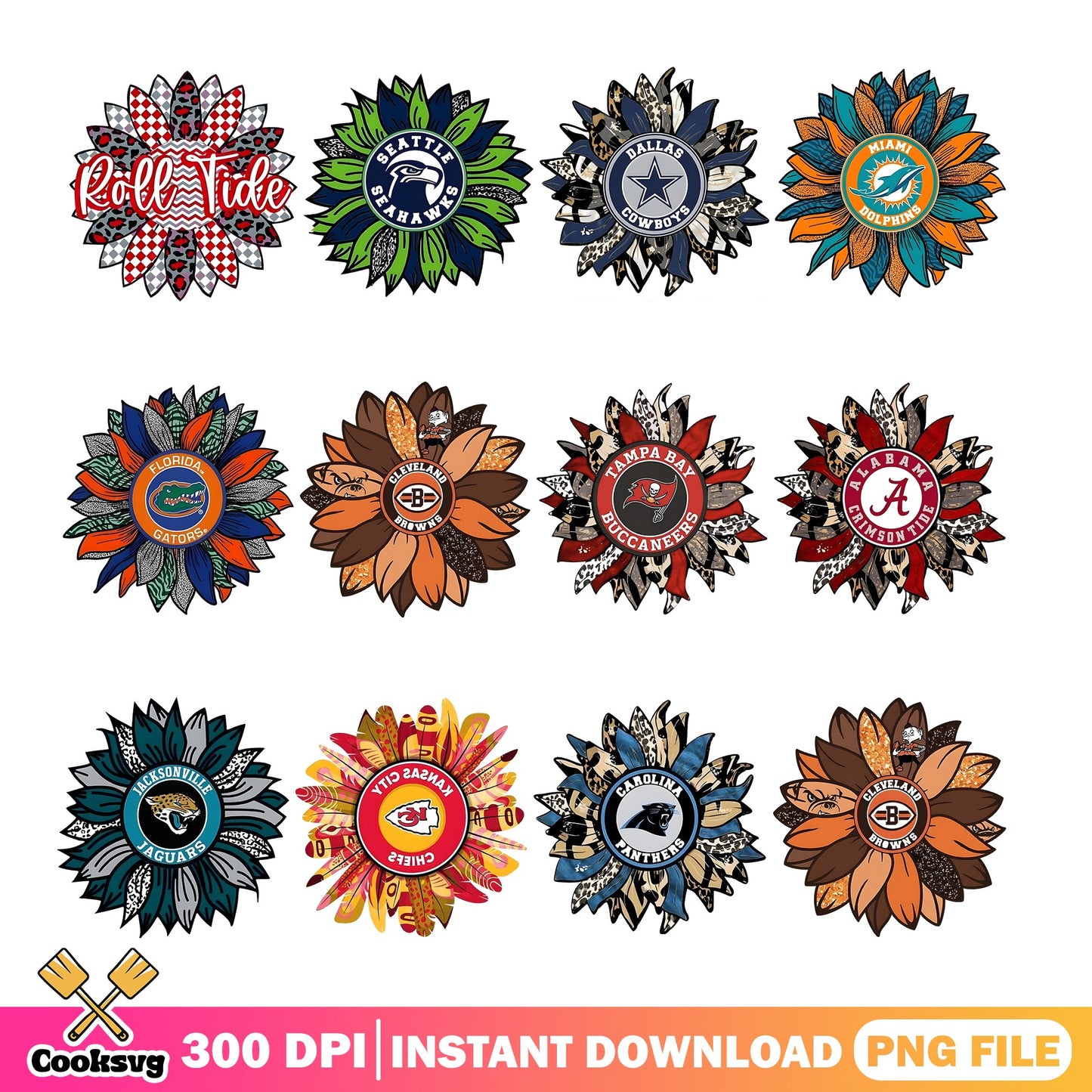 NFL Teams Sunflower Bundle PNG, Football Leopard Flower, Sports PNG