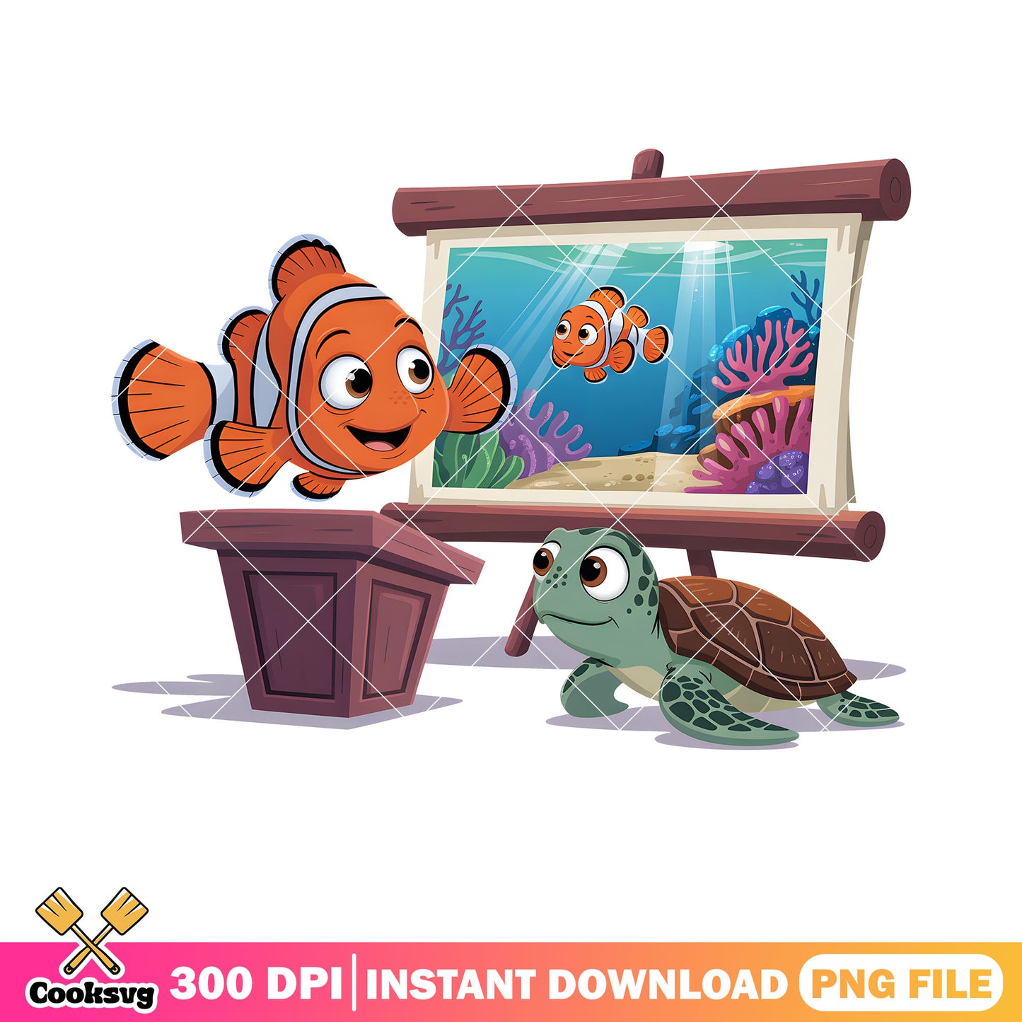 Nemo poster drawing png, clownfish nemo png, turtle crush png