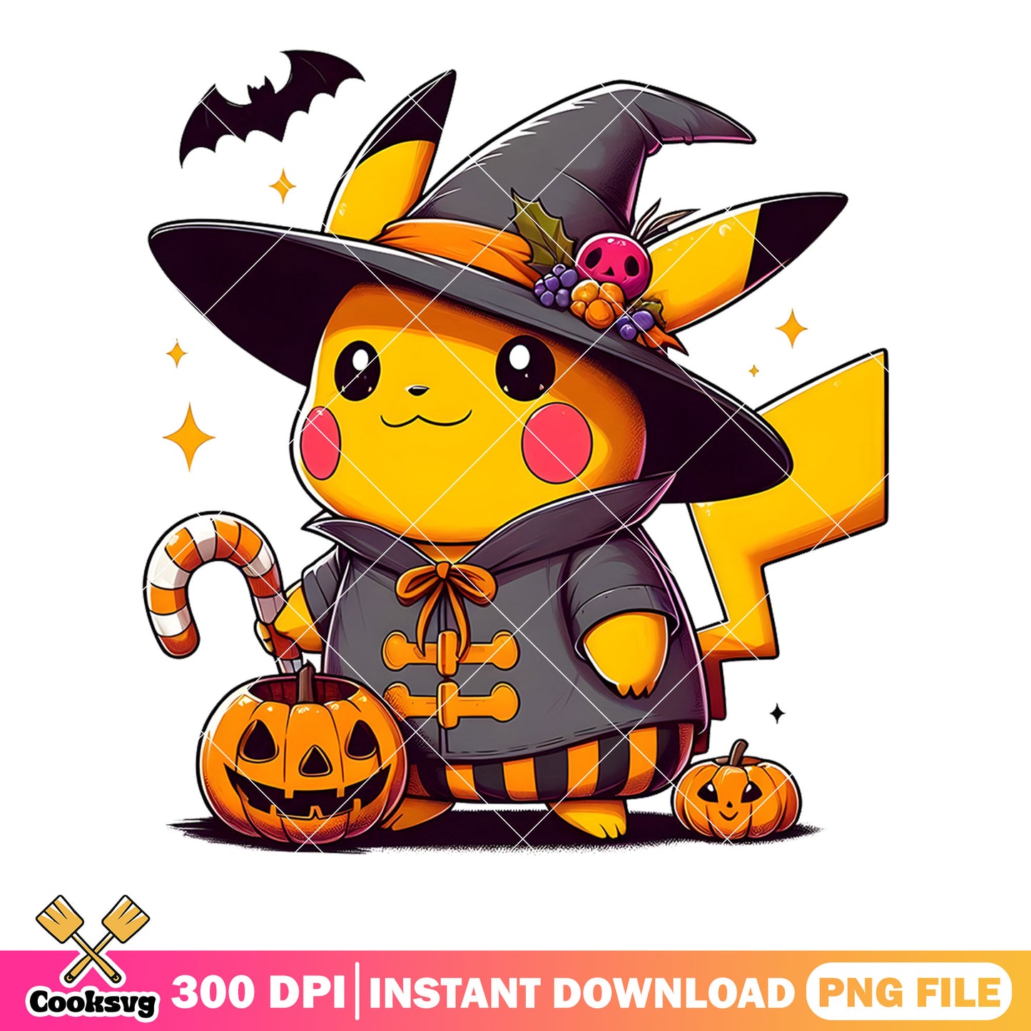 Pikachu witch costume png, halloween nintendo png, wicker pumpkin png